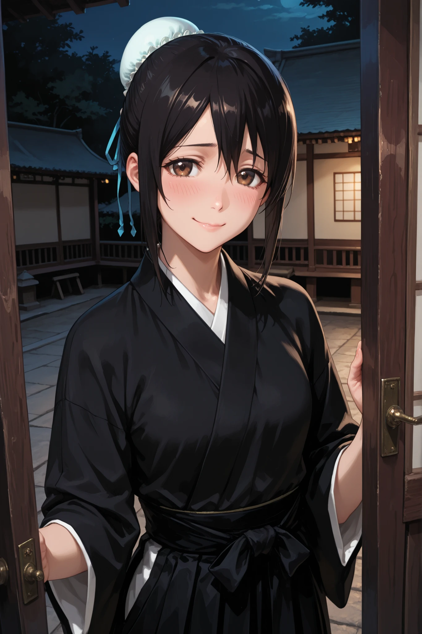 1girl, Momo Hinamori, black hair, single hair bun, bun cover, brown eyes,japanese clothes, black hakama, hakama skirt, black kimono, outdoor, night, inside Japanese temple, near entrance, gentle look, shy smile, very beautiful, attractive, masterpiece, ultra-detailed, very aesthetic
