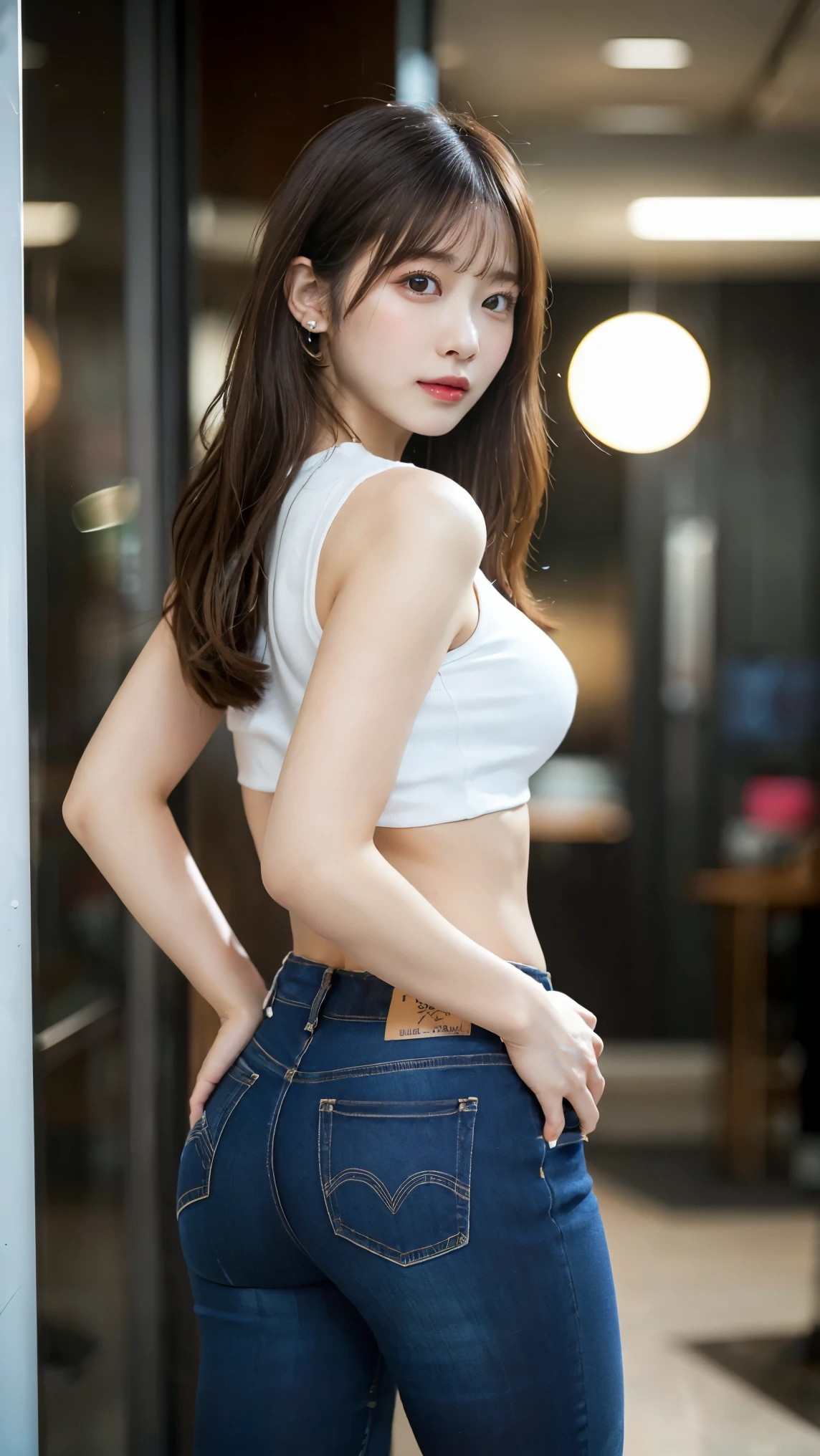 Highly detailed CG Unity 8k wallpaper, of the highest quality, super detailed, masutepiece, Realistic, Photorealistic, extremely detailed cute girl, 25 years old, (Denim shorts), , Smile, Parted lips, Round eyes, Large breasts, viewer, Full body shot , train , sitting , ass shot