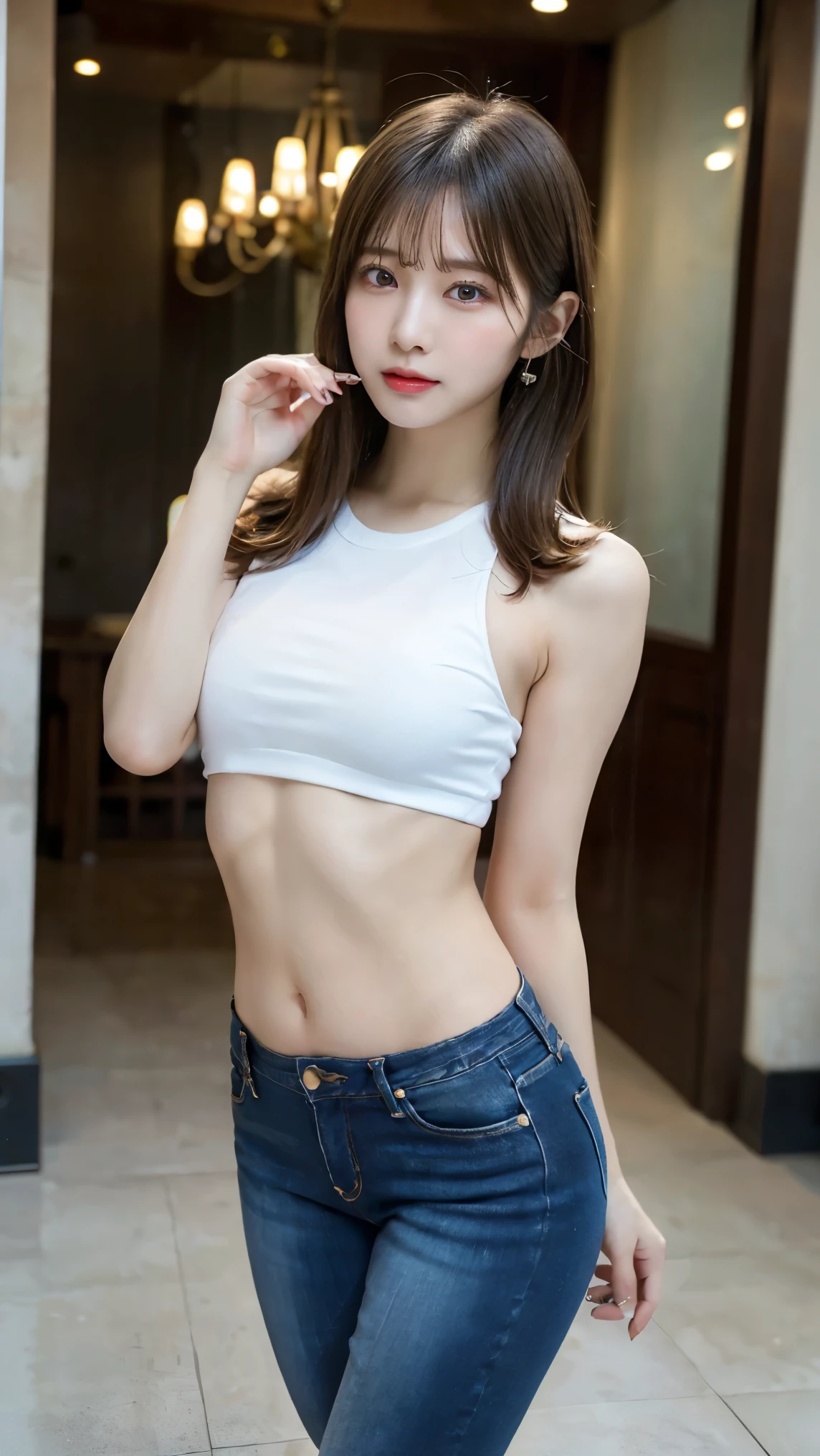 (Best quality, 8k, Masterpiece :1.3), (realistic, photorealistic: 1.37), (1girl), (Pretty woman in her 20s), (slim), (emphasizing slender abs :1.3), (Japanese), (tank top, hot shorts), (random sexy pose), (long hair, random hairstyle), (large breasts :1.4), (perky butt), (hotel room), (Ultra-detailed face), (Detailed eyes), (Double eyelids), (eyeshadow intensifying), (many eyelashes), (perfect body), (long legs), (professional lighting), (photon mapping), (radiosity)