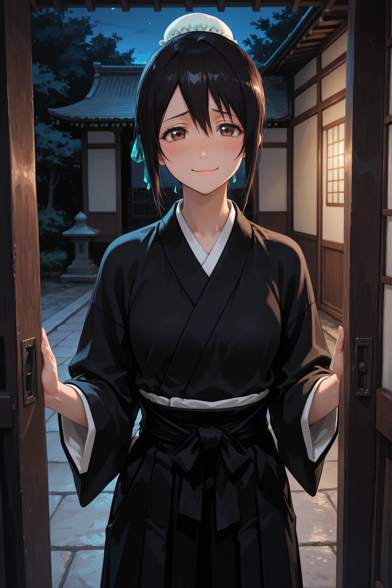 1girl, Momo Hinamori, black hair, single hair bun, bun cover, brown eyes,japanese clothes, black hakama, hakama skirt, black kimono, outdoor, night, inside Japanese temple, near entrance, gentle look, shy smile, very beautiful, attractive, masterpiece, ultra-detailed, very aesthetic