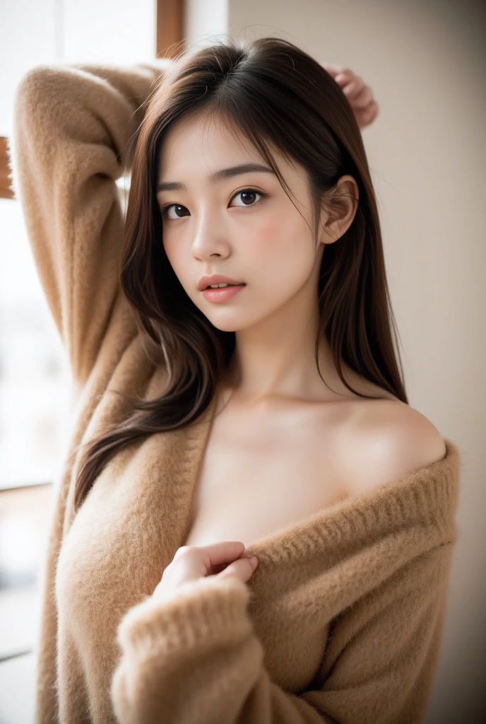 top-quality、​masterpiece、real 18 year old woman、Naked to coat only、Cover your chest with the coat、chest is visible、　a smile、hight resolution、
