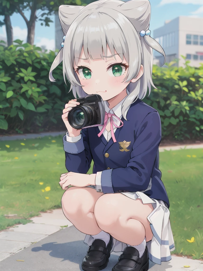Outdoor,((the way)),, 1girl,Green Eyes, Grey Hair, hair ornaments, bangs, Virtual YouTuber, blunt bangs, Double Bang, Animal ears, Flat Chest,uniform,Navy Blue Blazer,White shirt,Pink ribbon,Grey Skirt,Pink Panties,White long socks,(Black low heels),I have a pink camera,Bring the camera closer to your face,squat,Hold the camera, :3