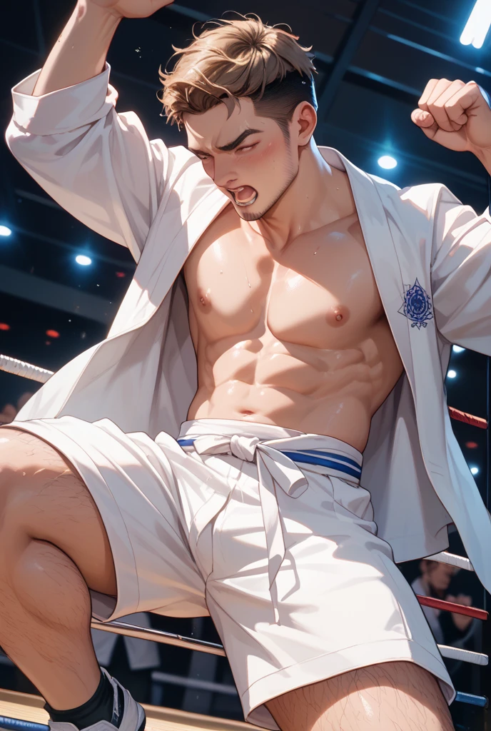 (masterpiece, Best Quality),The whole body of boy, 11 years old boy, sit on tatami, Muay thai, tiny shorts, white shiny shorts, bulge, topless