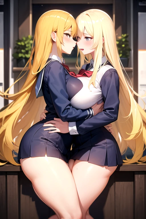 Lesbian (very long loose yellow hair)(big breasts, big thighs)(with school uniform clothes it is very tight) that he is kissing at school with his girlfriend,(big breasts, big thighs)lesbian love