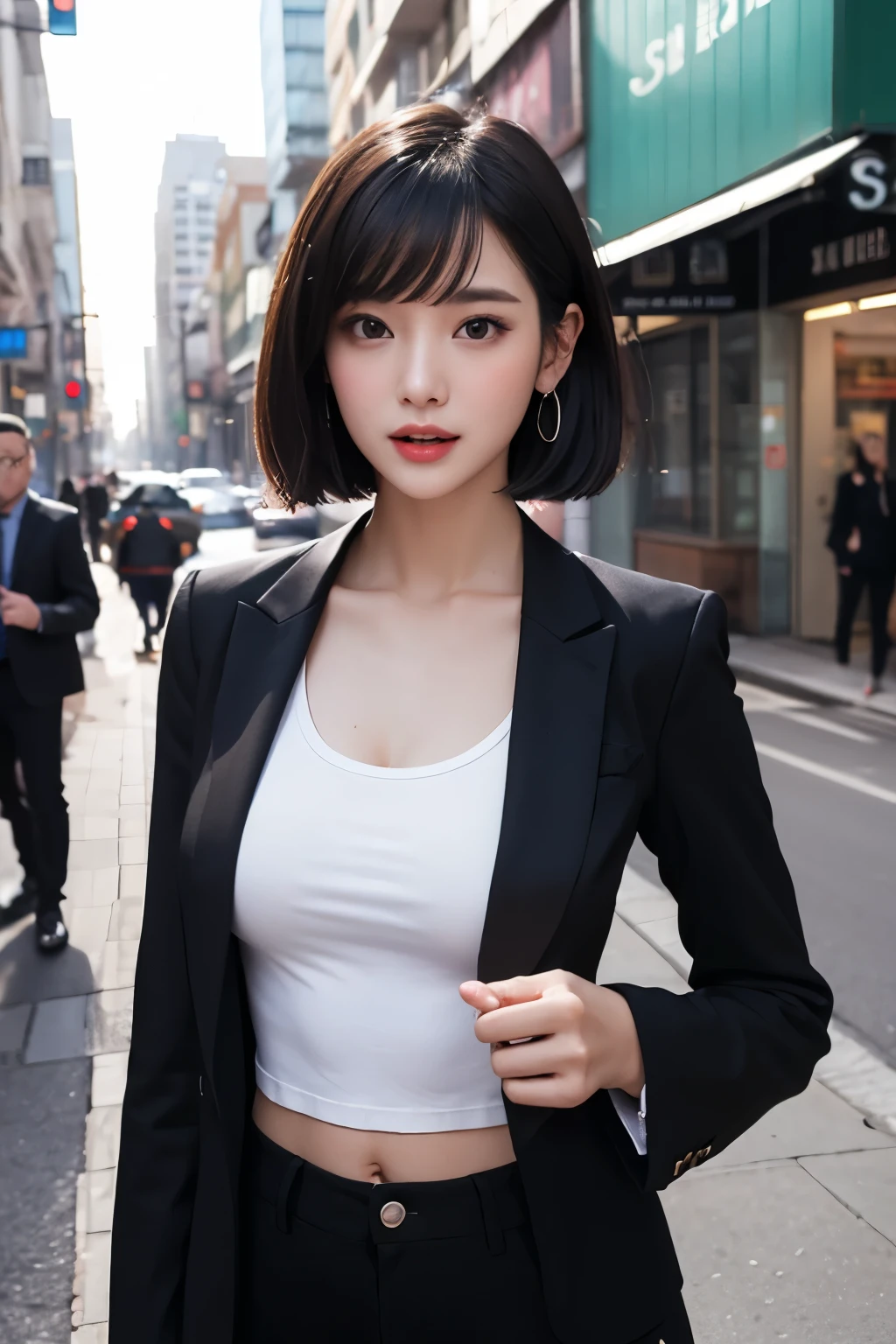 1girl, (Black Eyes), light smile, puckered lips, wide hips, (large breasts :1.2), (big ass), (Best Quality, 8k, Masterpiece: 1.3), Clear Focus: 1.2, Perfect Body Beauty: 1.4, strong abs, Highly detailed face and skin texture, detailed eyes, double eyelids, (black short hair :1.3), (black Blazer :1.2), (cleavage shirt :1.2), (pleated skirt), standing, dynamic pose, in the Ginza neighborhood of Tokyo, Japan, buildings in the background, blurred background