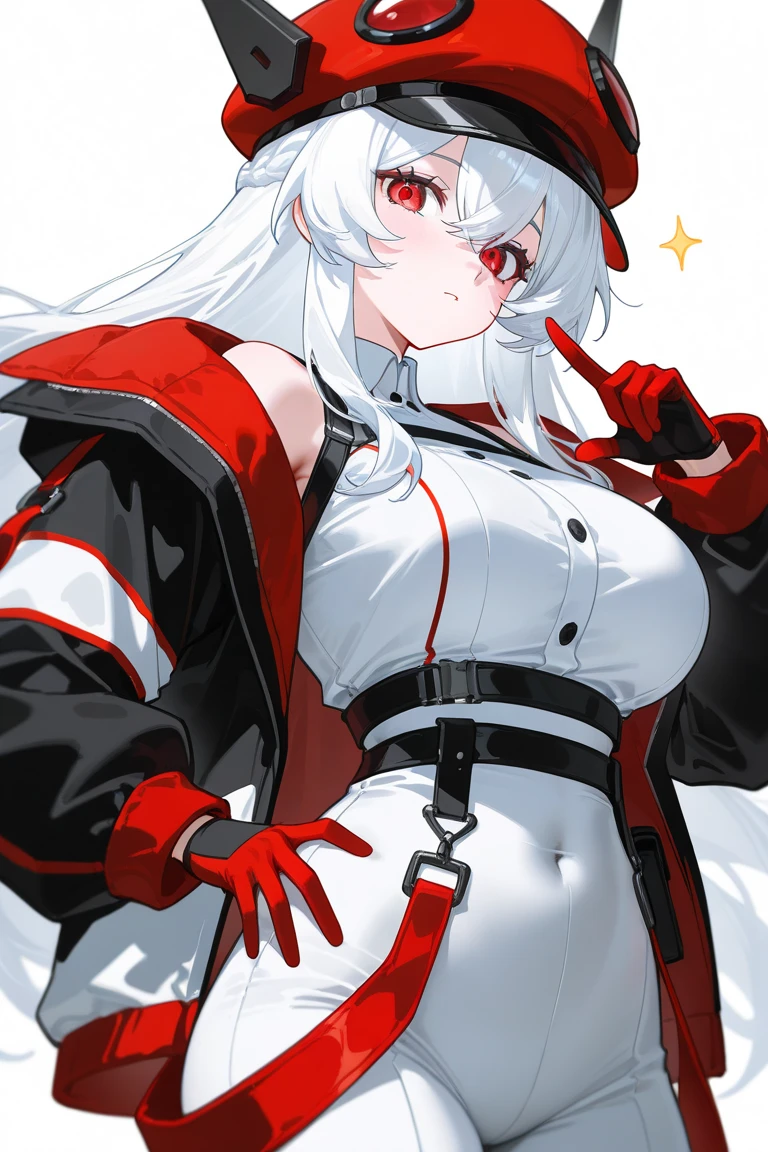 1girl, white hair, long hair, red eyes, serious, glowing eyes, large breasts, thick thighs, mature female, athletic female, toned, leotard, black leotard, thighhighs, belt, knife