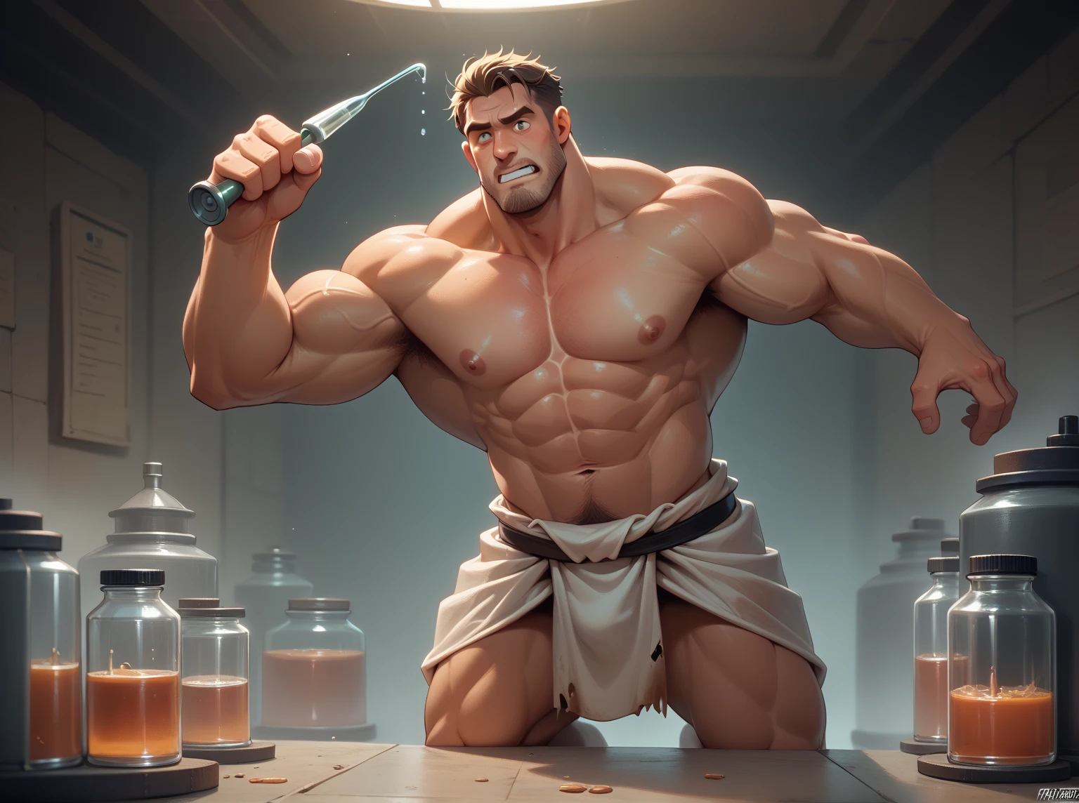 Tentacles and tired handsome sixteen-year-old boy in the men's locker room fighting, large voluminous elastic lush buttocks naked, dressed only in tango briefs, torn fabric, fashionable haircut, made of tentacles white sticky substance leaks out, back view