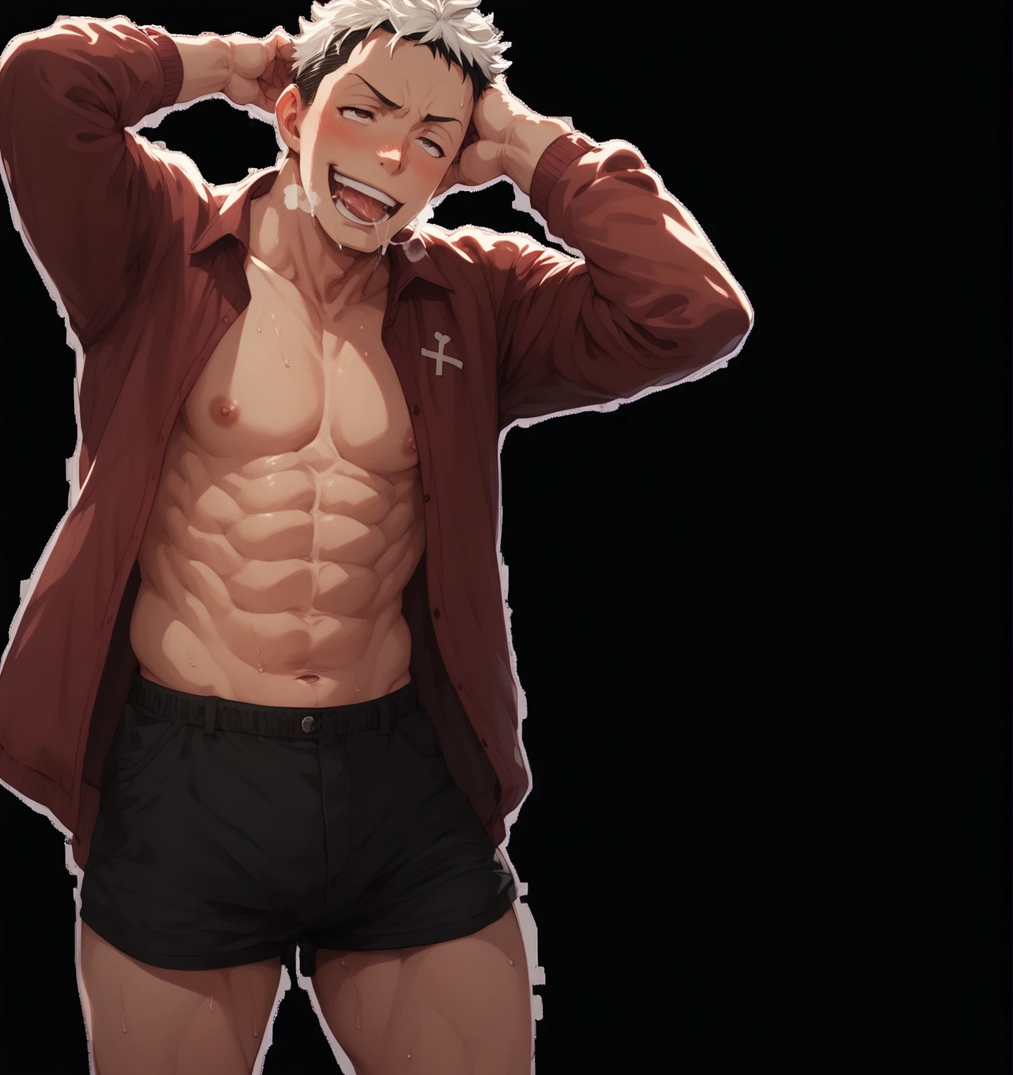 (masterpiece, Best Quality),The whole body of boy,(younge boy),teenager face,Body tilt,delicate big eyes,Open your eyes,,smooth and delicate skin,Short square face,Surprised expression,infancy,young age,short round face,Flat chin,finely detaild face,well-muscled,short bright black hair,with an intricate,nakeness,(backbone:1.2),the night,vivd colour,(depth of fields:1.2),Raised sexy, leather cuffs, bsdm gag ball, bed room, black thong, youthful, basement, dungeon room, dark damp background, shirtless, thong slip underwear, hands in crotch, hands in underwear