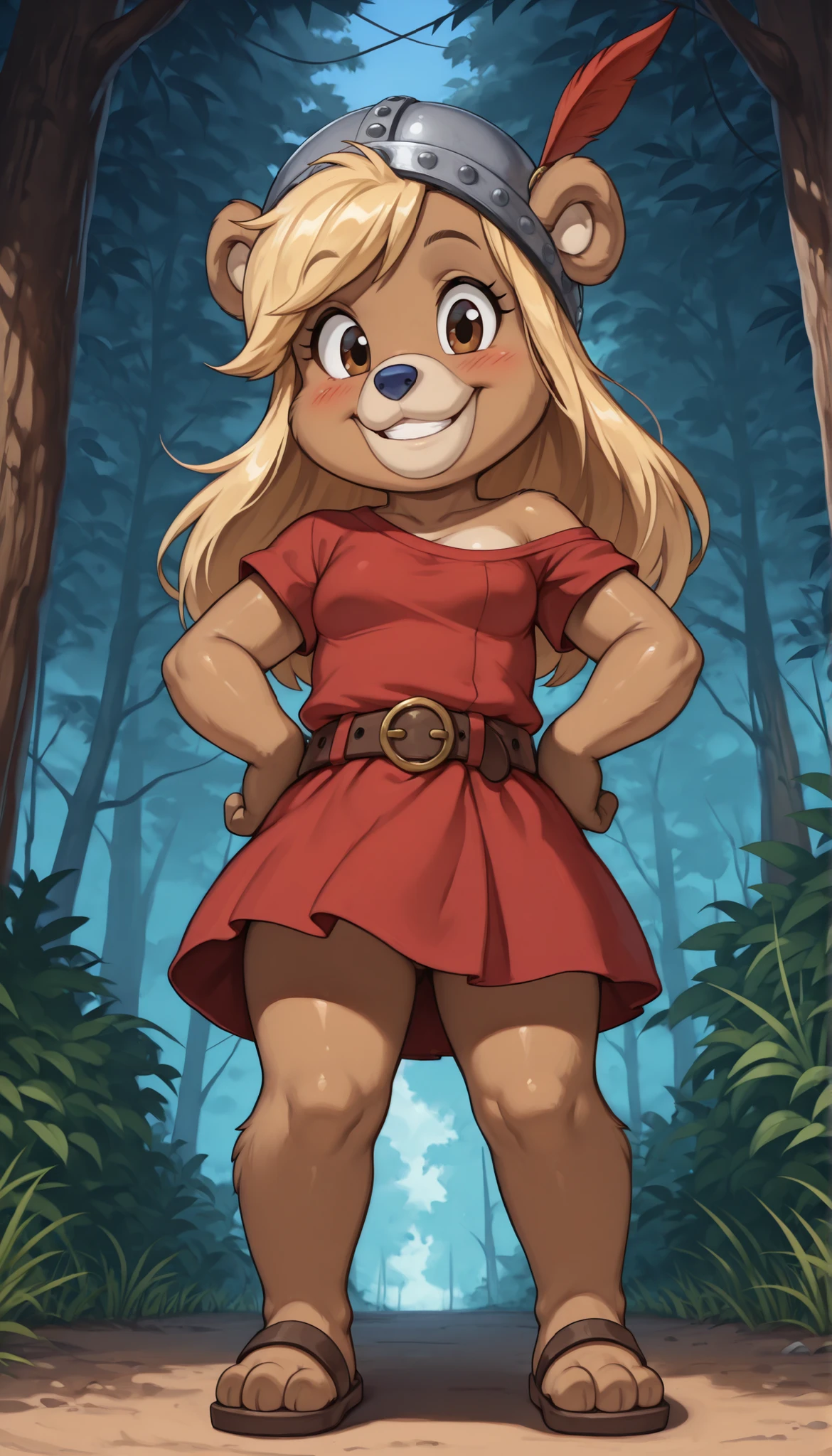 score_9, score_8_up, score_7_up, (masterpiece, best quality, very aesthetic, absurdres, source furry, artist:sakura, shaded,) 1girl, solo, bear, furry female, Ursa Barbic, young, brown eyes, looking at viewer, smile, blush, blonde hair, messy bangs, long hair, bear features, bear ears, bear tail, two tone body fur, brown body fur, clear brown body fur, blue animal nose, ((iron helmet, red dress, short sleeves, one shoulder off, belt, sandals)), forest on background, confident, anime style, glistering body, shiny body, oily skin, small breasts, full body, feets with three toes, presenting front, skinny, thin body, low angle view,