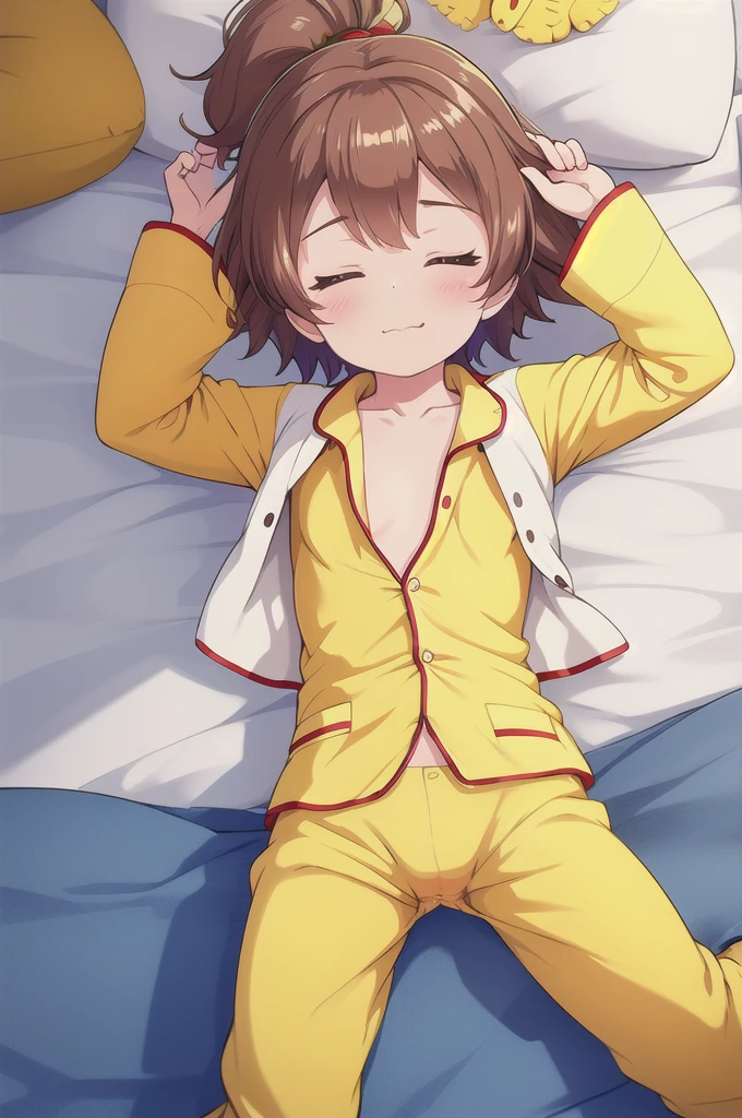 1male,ass pov,1girl,{{{{ foot on vagina}}}},indoor,Lying on your back,Close ~ eyes,orgasm,Dripping saliva,Cramp,in heat,yellow pajamas,Brown Hair, short hair, ponytail,Flat Chest,