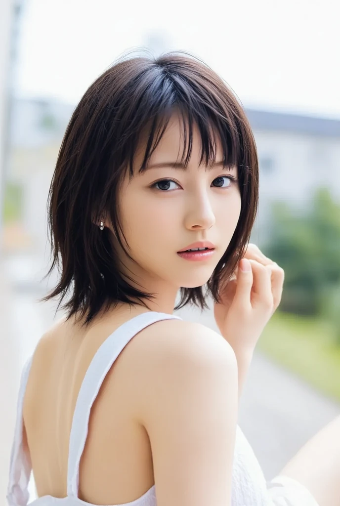 Top quality, realistic, perfect human body structure, very detailed, very delicate and beautiful, RAW photography, beach, professional lighting, luminescence, depth of field, single focal, full body, Skinny Japanese lady, 30 year old lady, brown hair, small head, beautiful eyes, real face, realistic skin, detailed eyes, (fashionable hairstyle: 1.3), sexy pose, absurderes, Incredibly Ridiculous res, Extremely fine, Blouse