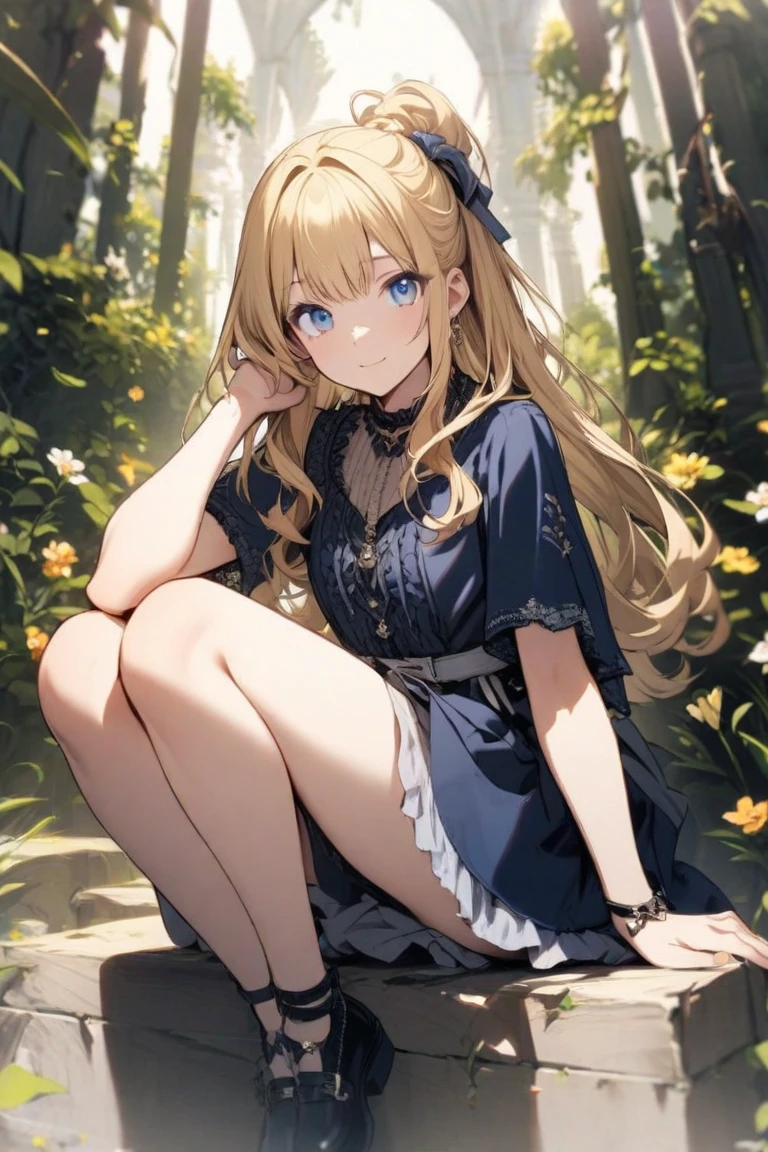 1 cute girl , sitting , holding knees,  (character focus) ,(nudity), long boots , blush ,((masterpiece)), ((best quality)), ((ultra-detailed)), (illustration), ((an extremely delicate and beautiful))
