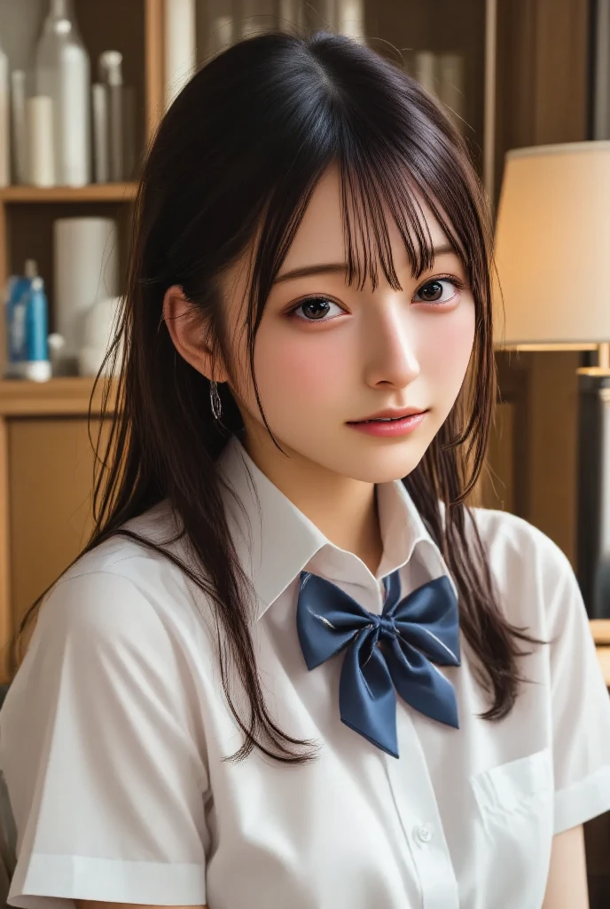 ((school uniform)),ribbon at neck,(school uniform and ((navy skirt)) and white shirt:1.1), Skin color, big , smile, (8k, RAW Photos, Highest quality, masterpiece:1.2), masterpiece, super detailed, super high quality, (Realistic and Realistic photography:1. 37), High-resolution RAW color photos, Very delicate and beautiful, highly detailed, 8k壁紙, wonderful, detailed, Very eye, very detailed, very detailed skin, very thin fingers, very detailed nose, very detailed mouth, Perfect Anatomy, Upper Body, studio, Soft lighting, A full-body shot of a cute idol wearing a one-piece swimsuit, Playful pose, Hands on hips, smile, Pastel Background, Realistic, Attention to detail, studio photography