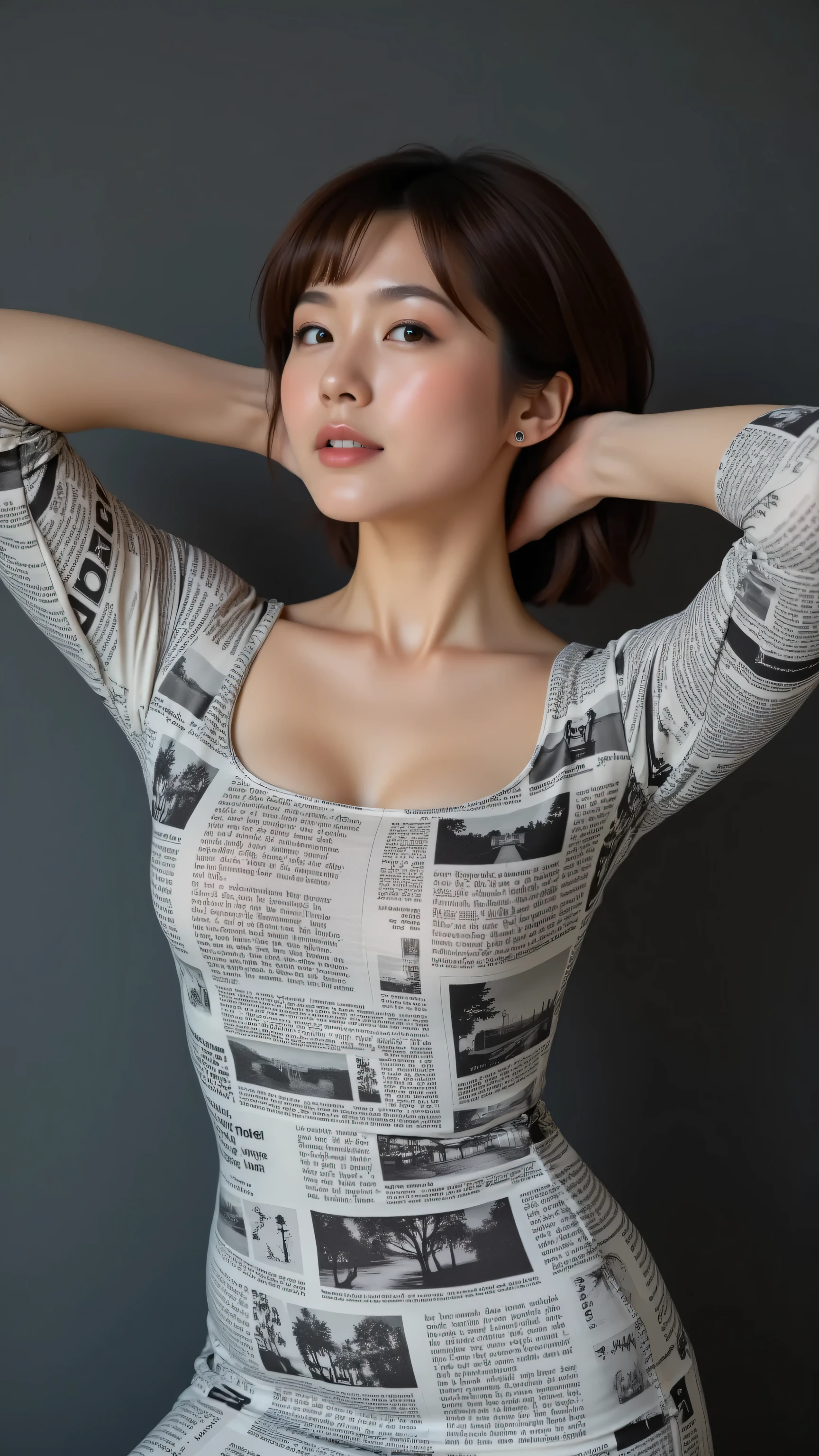 8k, Masterpiece, Top Quality, medium shot, beautiful Korean woman, chic brown pixie cut, curvy figure, confident pose with both hands behind head, wearing a fitted long-sleeved dress with a wide scoop neckline featuring a black and white newspaper print pattern, small light-colored stud earrings, soft studio lighting creating gentle highlights, plain dark grey smooth wall background.