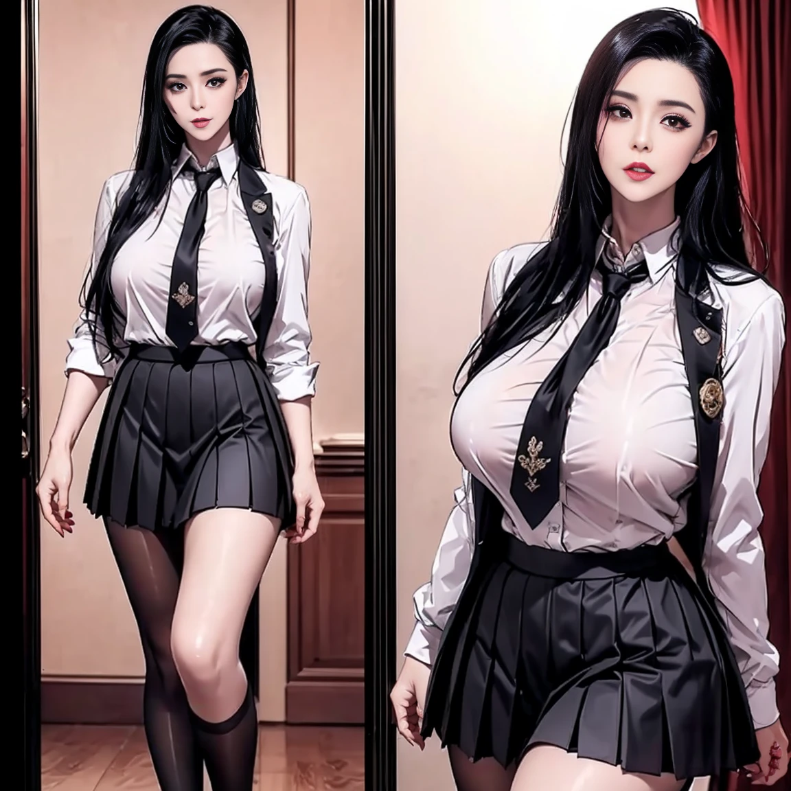 masterpiece:1.3), (High resolution:1.1), Detailed beautiful face, Detailed beautiful, (huge breasts, gigantic breasts:1.4 there is a woman in a short skirt and a suit sitting on a table, wearing a strict business suit, in strict suit, hyperrealistic , in a strict suit, a hyperrealistic , very sexy outfit, fully dressed, wearing headmistress uniform, business attire, realistic , wearing a black noble suit, sexy outfit, captivating and enticing, korean girl, Korean sexy
