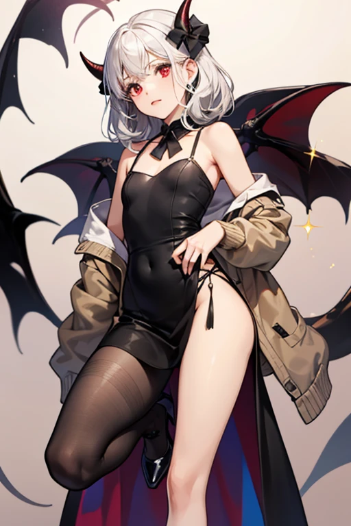 ((foto de corpo inteiro)), ((foto realista) 8k, high resolution,tonificado legs,low angle, athletic, magrelo, tonificado, corpo menor, cintura fina, garota demonio de cabelo curto branco , wearing gothic clothes and platform boots, em estilo anime, make her have gray skin and red eyes, bat wings plus I want her to wear black denim shorts with a leather belt and chains attached to it. I also want her to wear a spiked choker and a leather jacket with a black top. I want her to have black steel gauntlets and be a little muscular