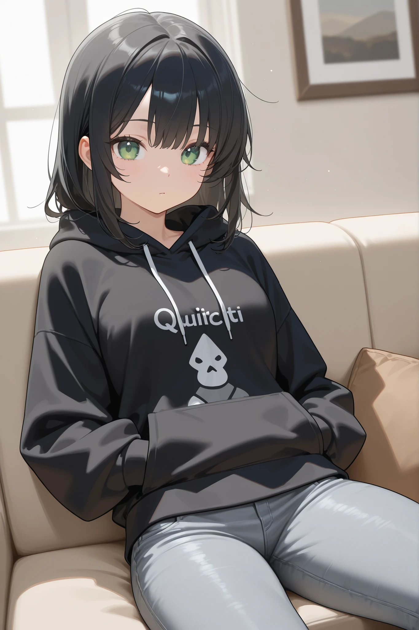 (qualitatively), ( masterfully ),(detailed), 1 girl, sitting on the couch, black hair, green eyes, black hoodie,  gray jeans 