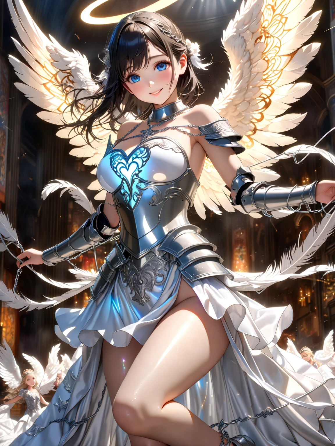 (masterpiece), (top-quality), (top-quality), masterpiece, (High Definition CG Illustration), ((extremely delicate and beautiful)), (Since a while ago), Cinematic Light, Grotesque Machine Girl, super realistic details, portlate, globalillumination, ultra-sharp, Convoluted, ornaments detailed, cold color, metals, highly intricate detail, Realistic light, radiant eyes, neon details, Mechanical limbs, blood vessels connected to tubes, Pipe connected to the crotch, Mechanical vertebrae attached to the back, mechanical cervial attaching to the neck, sitting on, Wires and cables connecting to the head, Smaller breasts, Small-eyed buttocks, ((lamentation)), ((Angel wings)), Emphasis on mechanical skeleton, (((Emphasis on mechanical interiors))), (Put a little emphasis on mechanical bones) ,teats, No pubic hair, (((realisitic))). Interior of the Church Cathedral at night lit by candles, Tears of blood, Soft breasts and buttocks and face