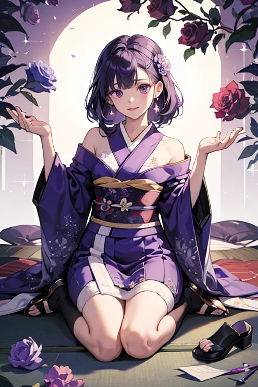 Personification of wisteria flowers、Wearing a kimono、Frame Japan Village、Decorative panel、abstract art、By Alphonse Mucha (masterpiece、top-quality、hight resolution: 1.4)、More about realism、intricate-detail、4K、color splashes、line-drawing、Fibonacci、Tarot Cards