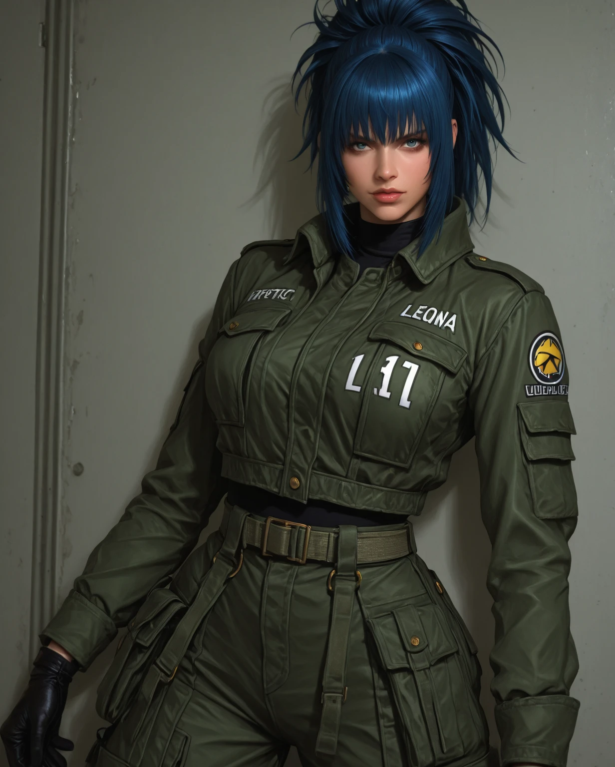 (best qualityer))), (((Yellow and black))), (((manga strokes))), (((blue green hair with red highlights))), (((baggy pants with bone print))), uma Kizi jovem muito bem vestida com roupas modernas de inverno, pants with military camouflage pattern, top gift vertical stripes, short jacket with dark fur collar, beautiful and expressive face, slightly-smile, big eyes with long black eyelashes, heavy make-up, chains and zippers spread across clothes, contrasting colours, pose de atitude, hair with a modern and futuristic cut, urban game poster art, dramatic camera angles, graffiti art elements in the background, design mixing contemporary and retro by Shepard Fairey, (((cowboy shot))), (((best qualityer: 1.4))), (Unbeatable masterpiece), (hiper HD),(CG 8k hyper-realistic), Kizi, (((standing alone))), pirralha violent, (((14歳))), sexly, pose de atitude, work of art, post-apocalypse, (((manga style))), bounty hunter, violent, Manic, the way you want, slenderbody, thin but strong, perfectbody, roupa moderna, advanced technology, neon, sleeves with vertical striped pattern, neutral background, (( cowboy shot )). intricate visual