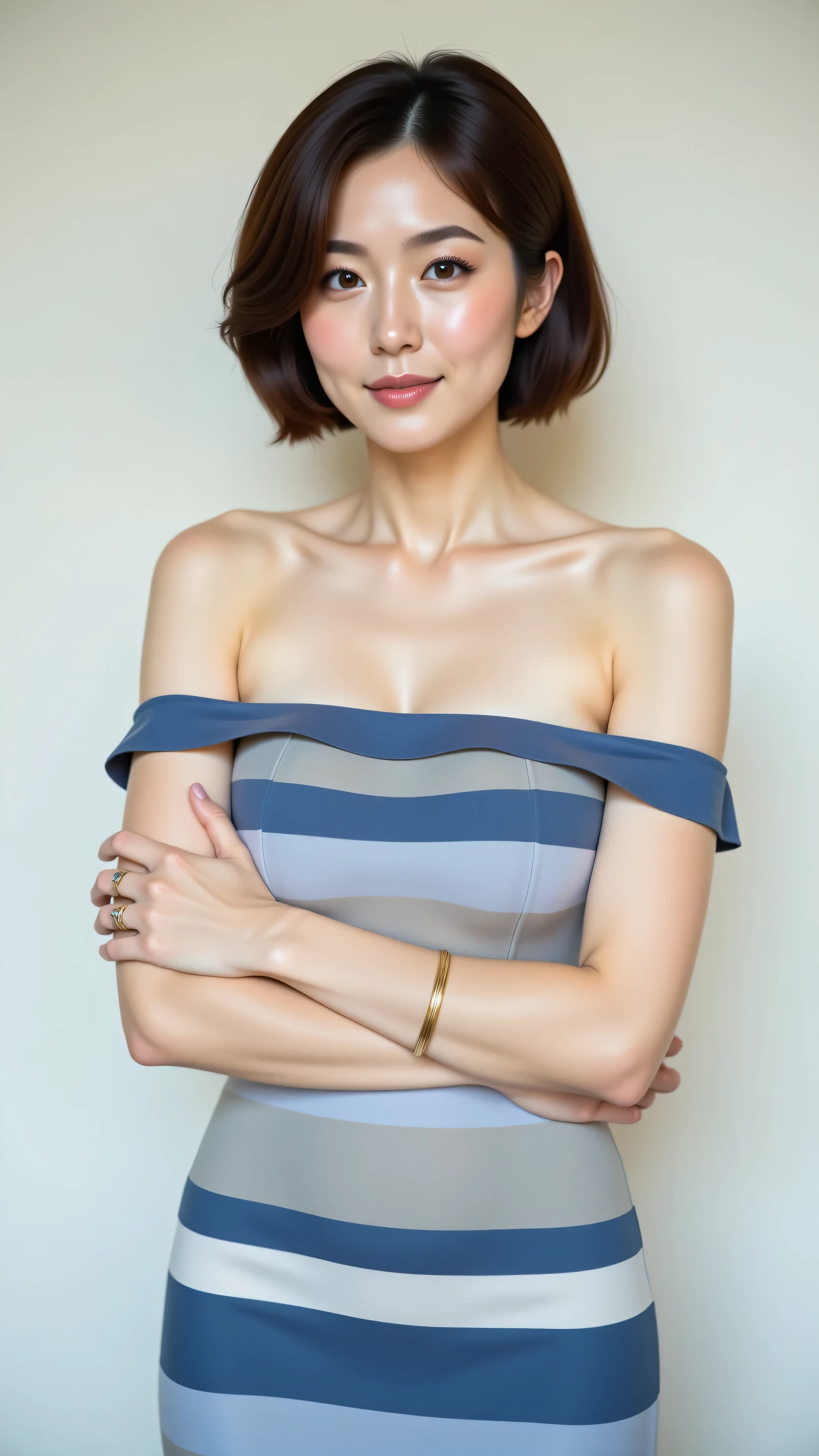 8k, Masterpiece, Top Quality, medium shot, beautiful Korean woman, elegant brown pixie cut, standing with arms crossed, wearing an off-the-shoulder fitted dress with horizontal stripes in varying shades of blue and light grey, thin gold bangle on one wrist, multiple rings on fingers, soft even studio lighting, plain light-colored wall background .