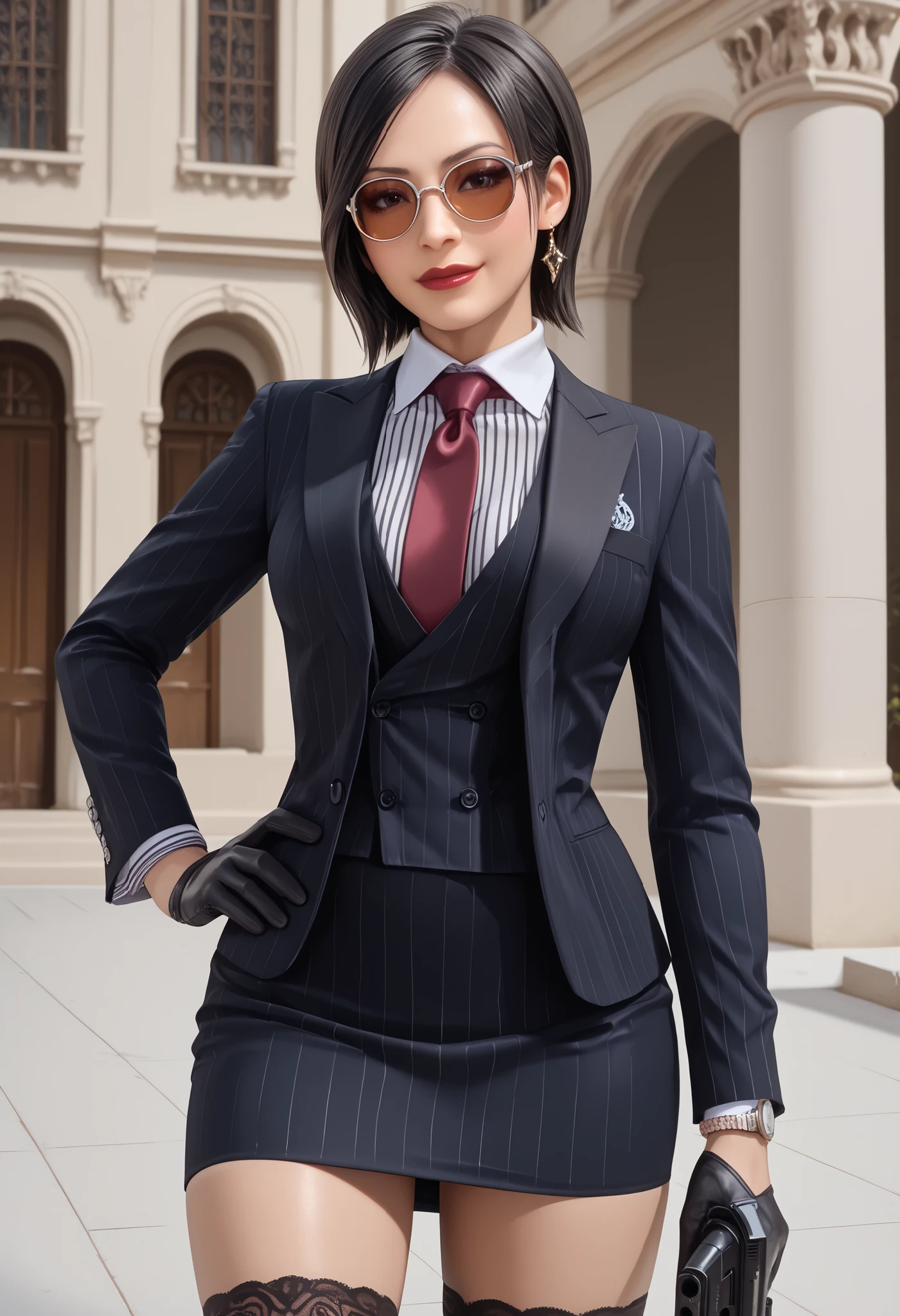 Ada Wong, RE4, asian facial features, almond-shaped eyes, bob cut hair, Black, straight hair, standing elegantly, elegant pose, rural spanish village, red lips, sexy pose, dynamic angle, three-piece suit , 1girl , jewelry , formal , earrings , suit , buttons , (((black and white striped shirt with white collar))) , vertical stripes, red necktie , black pinstripe jacket , black waistcoat (((black pinstripe pencil skirt))) , pocket square , pocket chain watch, (((stockings))), shiny clothing, leather gloves, (((slender figure))), smirk, mysterious, silk suit, shiny lapels, black pinstripe suit, silky glossy hair, white collar and cuffs, round sunglasses, holding gun, cowboy shot, hand on hip,