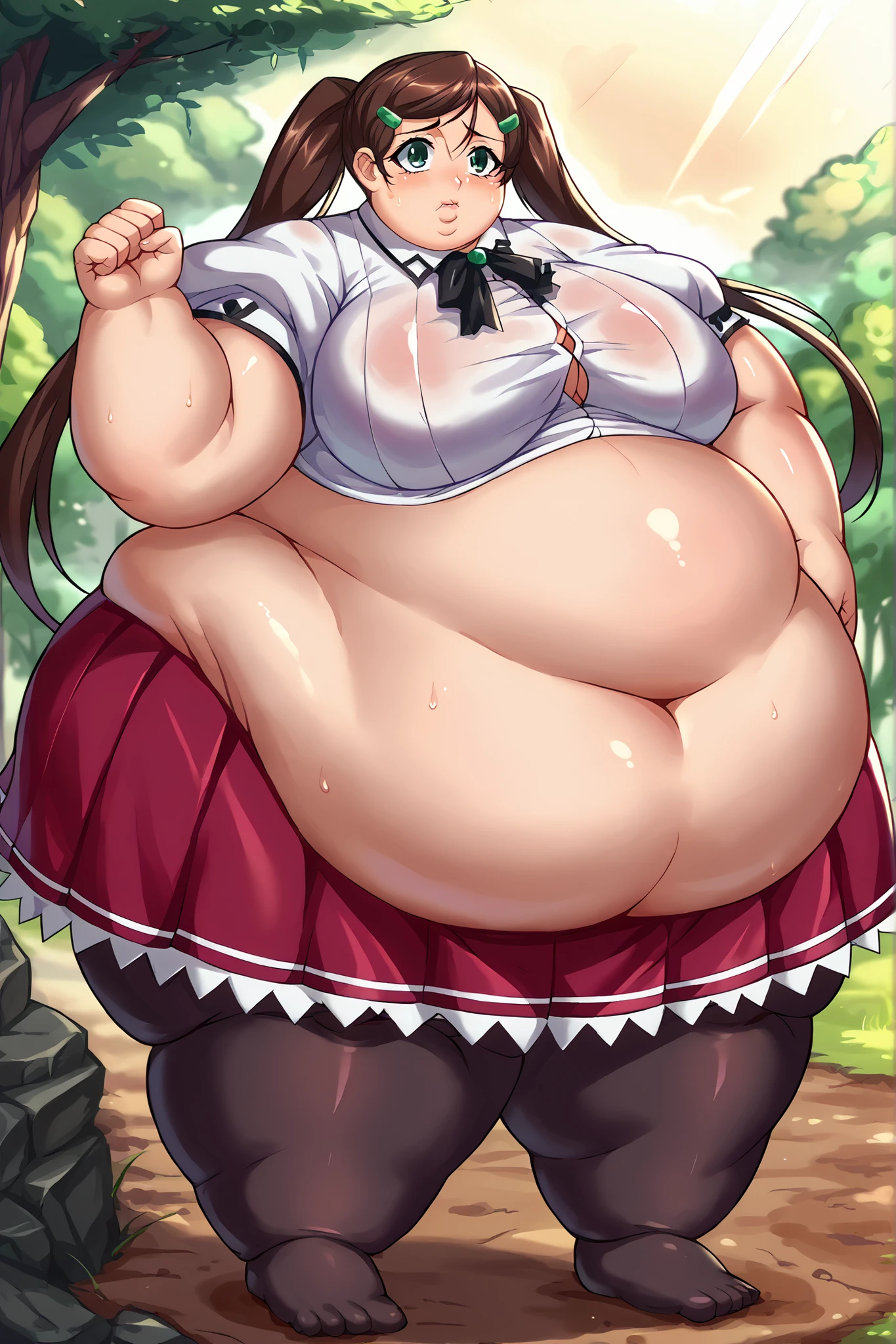 ((masterpiece:1.2, highest quality)),(kawaii:1.2) break (Full body chibi character), (Big Head),cute break obese break lace panties,topless,pussy juice break (Light brown hair),Low Twintails,((Bangs Bangs)) BREAK Dutch Angle,open legs break forest