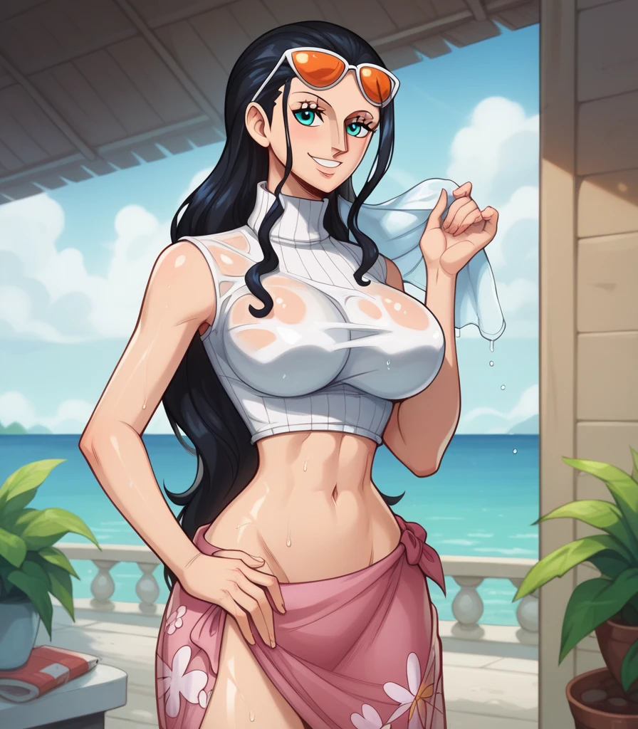 score_9, score_7_up, 1girl, solo, nico robin, cleavage, sunglasses, thighs, pink sarong, large breasts,