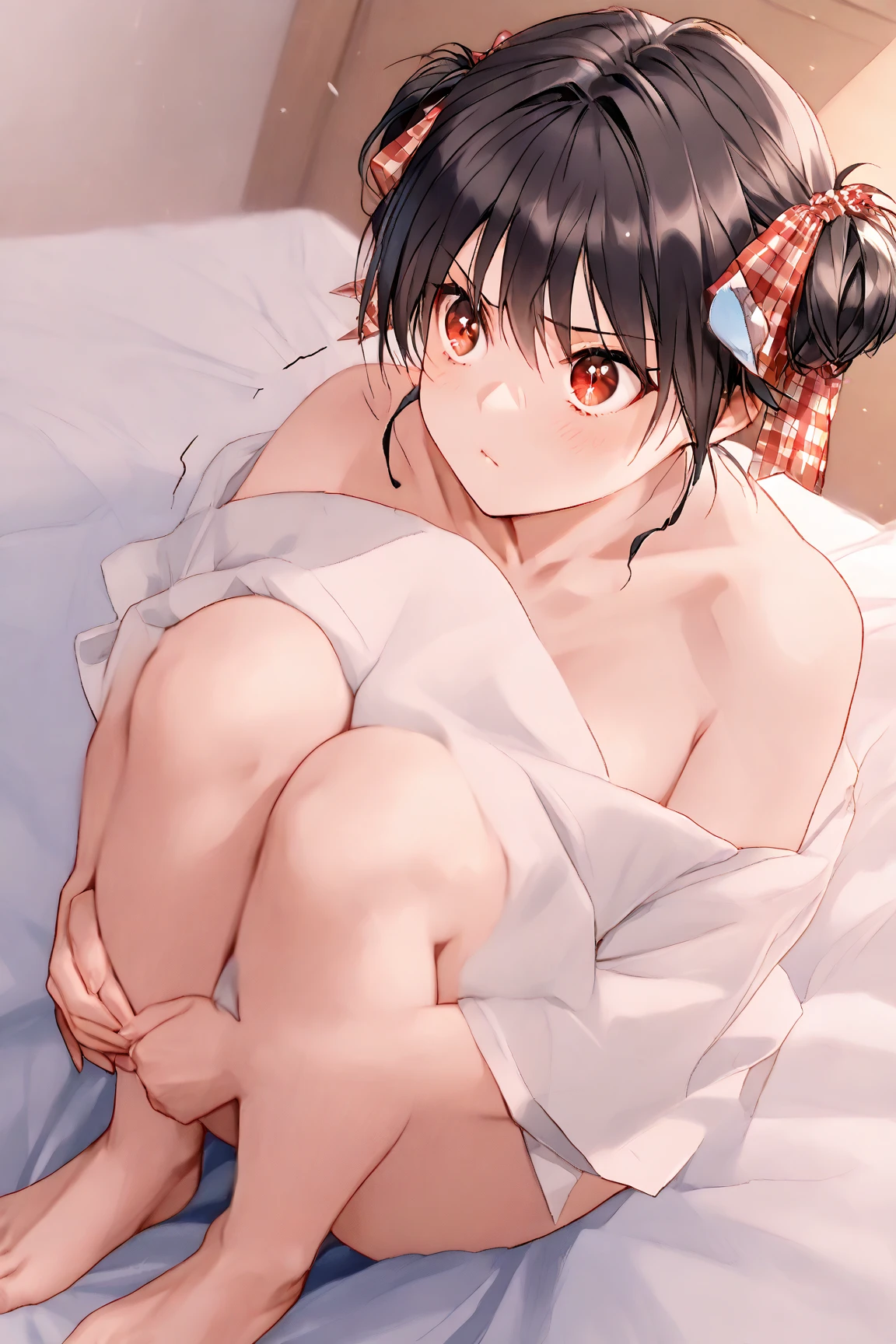 (top-quality,16K image quality,masterpiece:1.5),dakimakura,Super detailed,Ultra-high resolution,(nsfw,hentai,bitch,vulgarity),View Viewer,overhead shot,lie on own back,see-through yukata,Japanese-style room,super thin fabric,(stick tongue out,spoken heart,open mouth),torogao,aroused,happy,Nasty body,,slender,middle hair, little two side up,flat chest,shiny hair,Fair skin,Straight black hair
