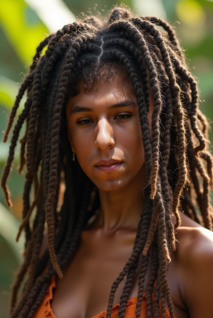 Adolescente,peituda negra, cabelo rasta, bonita andando na cidade pes no chao 