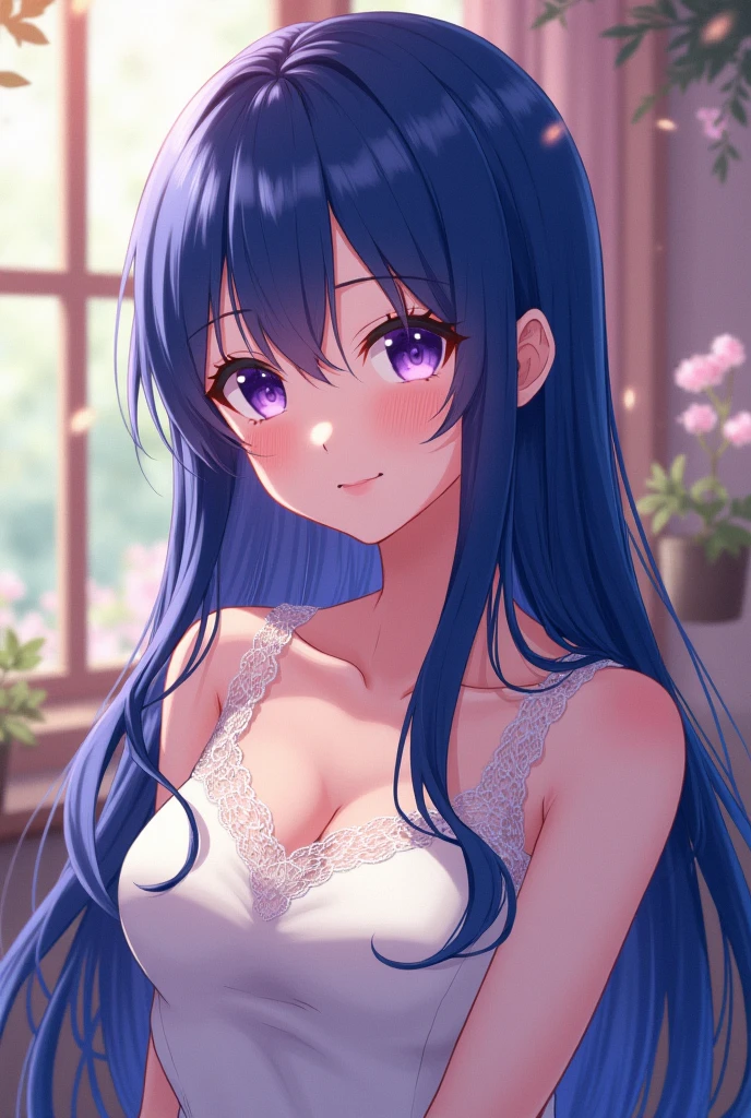 anime girl with blue eyes and long hair in white camisole, anime moe art style, anime style, 2D anime style, smile, smile face, in anime style, clothing:white camisole, flat anime style shading, pretty anime girl, Camisole underwear, anime girl with long hair, long blue hair girl, blue eyed girl, bangs, anime girl, cute anime girl, anime girl 巨乳, had big breasts, white mini skirt, anime art style, an anime girl, casual atmosphere,