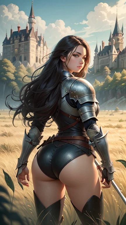 view from behind, hole body, Valkyrie girl, valkyrie hot cloth , curly long dark brown hair, lot of hair, many flowers on the hair, village background, sun lightning, sun shadow, Realistic, beautiful, natural lightning, 8k, illustrator, masterpiece, high quality, 8k, high resolution, high detailed, high detailed body, hole body,
