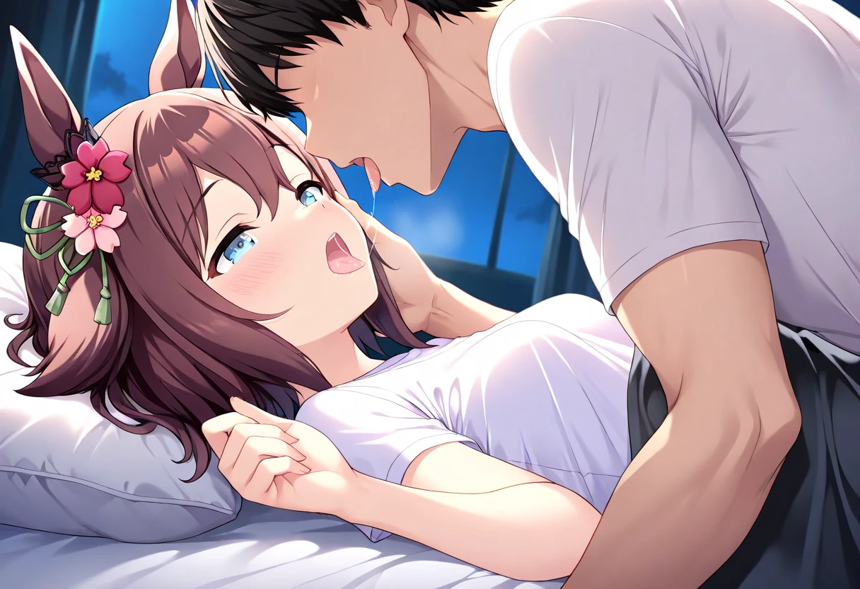 Duo, score_9, score_8, score_7, kemono style, Lop from Star Wars visions, female, blue eyes, floppy ears, Anthro lop rabbit, indoors, tall, hourglass figure, naked, brown hair in a ponytail, simple background, sex, sex with faceless brown haired human male, males face cropped out, missionary position sex, she is lying on her back, on a bed, she is embracing human male, her legs wrapped around his waist, Birds Eye view, 