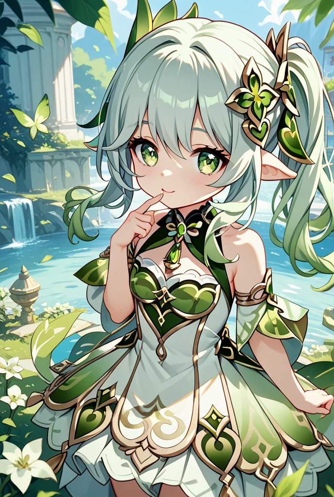 bottomless, flat chest, sunbathing, 8 years old, loli, outside, smiling, sunny, bright sunlight, grass, pointy ears, hair ornament, white hair, green hairstreak, side ponytail, masterpiece, best quality