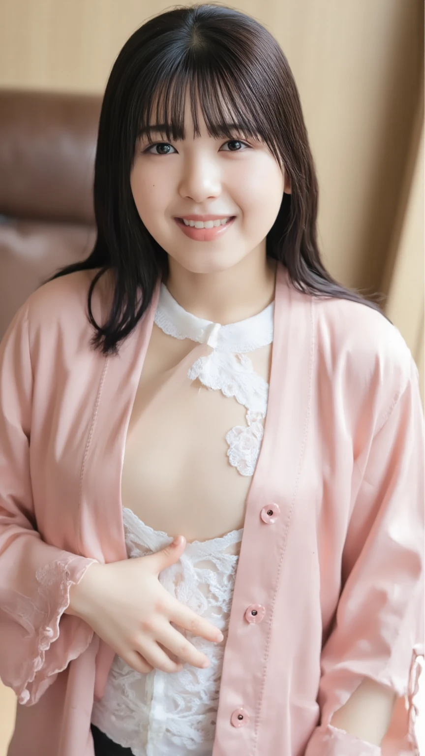 Asian Cute Girl, 8-year-old, small , Pink Suit, Big Breasts, Baby Face, small , , Short arms, Short legs, Leaning forward, Exposing cleavage, alone, smile、Very large breasts、The areola is visible through the cleavage、(Large areola)、