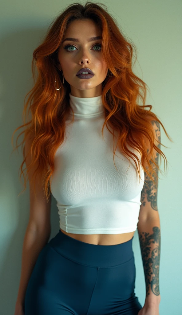 beautiful 25 year old australian woman, ginger hair, she wears a casual white shirt and pulls it down, huge beautiful breasts, huge tits, huge boobs, she wears super tight jeans, her arms are covered in tattoos full off colours, she stands seductively and looks at camera, she is fit, strong and has slim waist