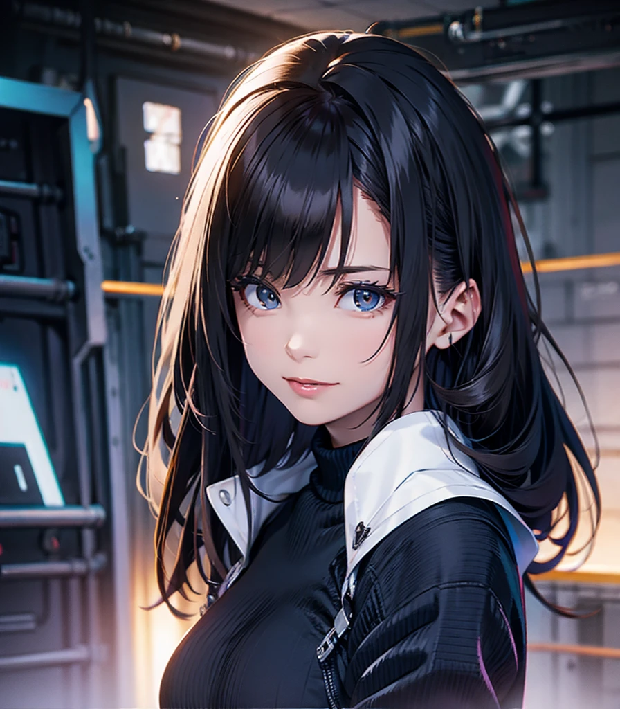 1girl, black long wavy hair, black eyes, smiling, looking at viewer, black military suit, powerful, add_detail:1, add_detail:0, add_detail:0.5, more_details:-1, more_details:0, more_details:0.5, more_details:1, more_details:1.5