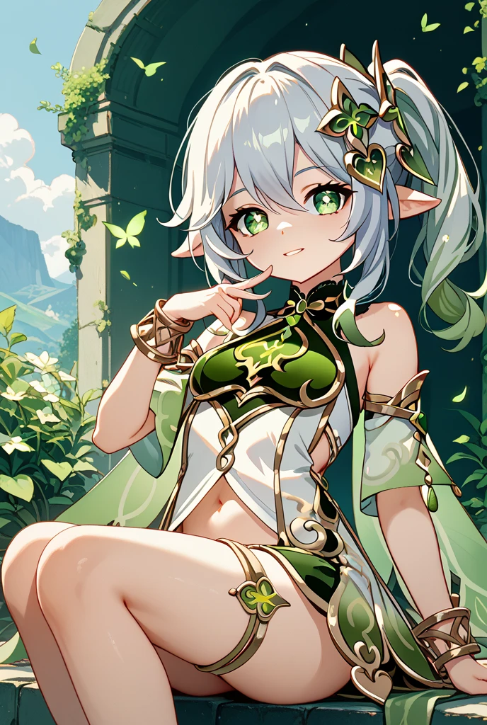 1girl, elf, bangs, blurry, bracelet, braid, cape, depth of field, detached sleeves, dress, gradient hair, green eyes, hair between eyes, hair ornament, jewelry, long hair, looking away, looking up, multicolored hair, nahida \(genshin impact\) , pointy ears, short sleeves, side ponytail, sidelocks, single braid, sitting, solo, stirrup legwear, symbol-shaped pupils, toeless legwear, toes, viewfinder, wariza, white dress, white hair