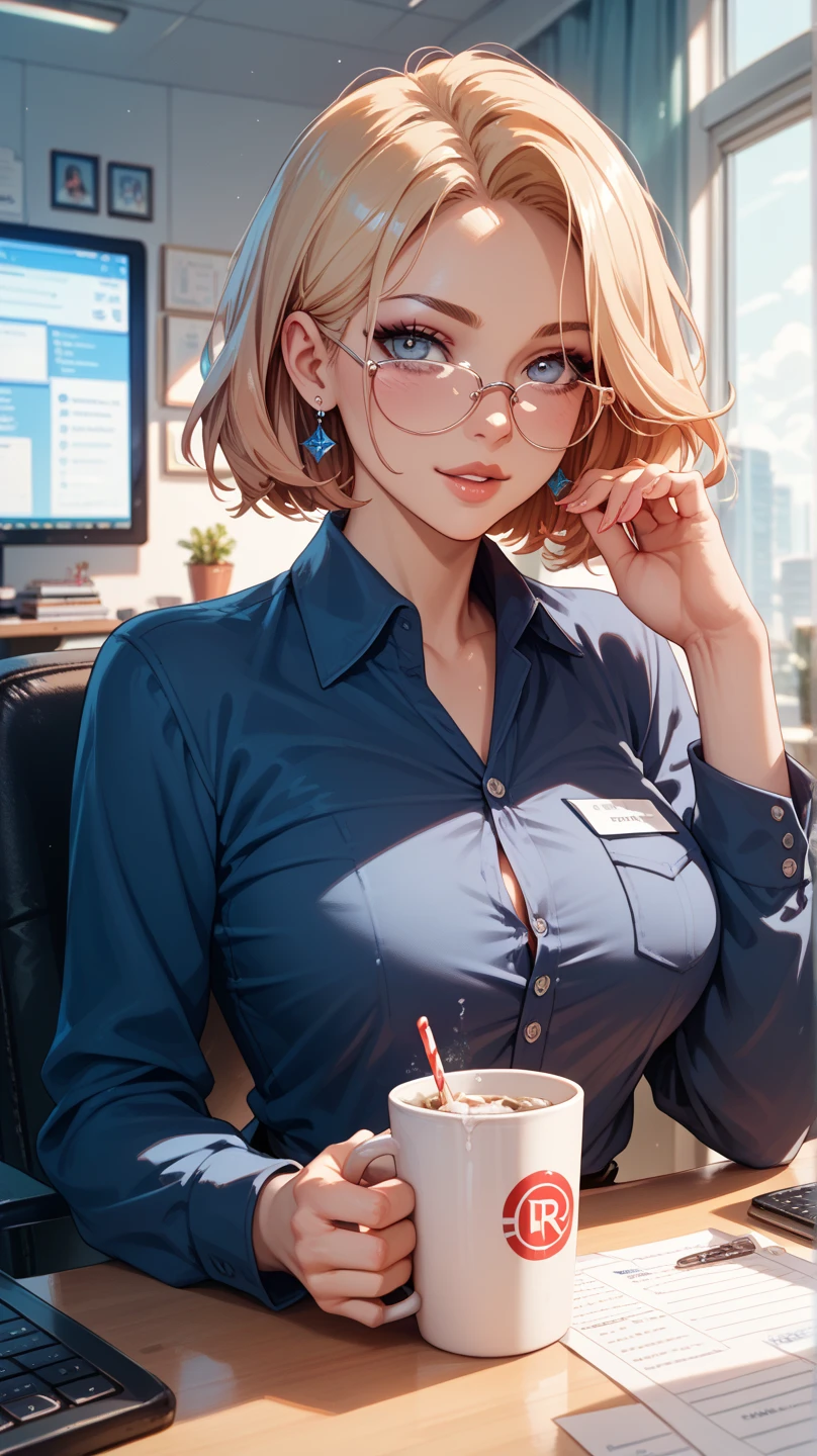 (work of art, best qualityer:1.2), 1 girl, standing alone, sitting down, office chair, tabletop, computer, Coffee Mug, shorth hair, big lips, bangss, hair blonde, eyes browns, breasts big, shirt blue, lab coat, pencil skirt, aretes, mole under the eye, make up, lipstick, Red lips, cross legs, leaning over, holding cigarette ,