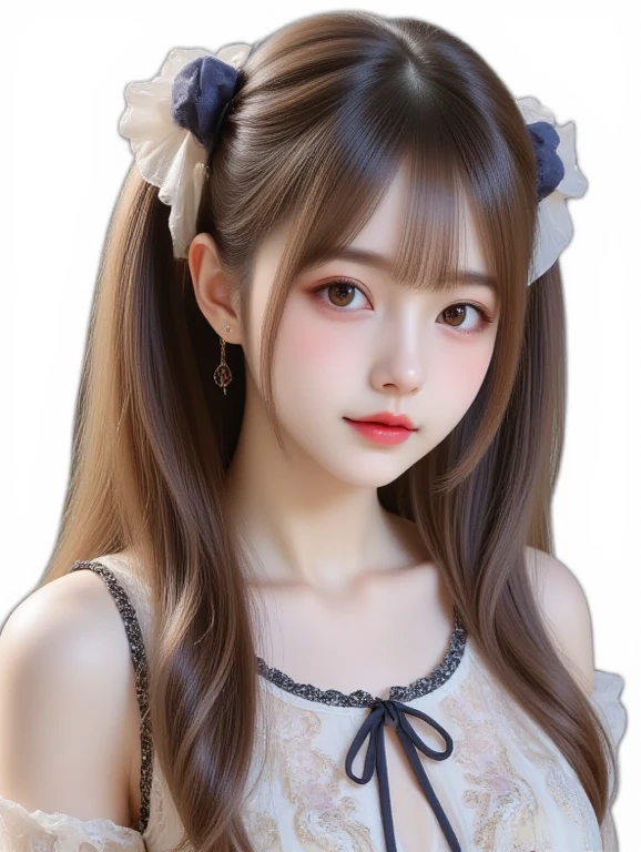 there is a young girl with long hair wearing a white dress, twintails hairstyle, Pigtails hairstyle, two pigtails hairstyle, short pigtails hair, kawaii hair style, pigtails hair, ulzzangs, curly bangs and ponytail, kawaii hair style, with black pigtails, neat hair with bangs, Brown hair with bangs, fluffy bangs, brown long hair with bangs