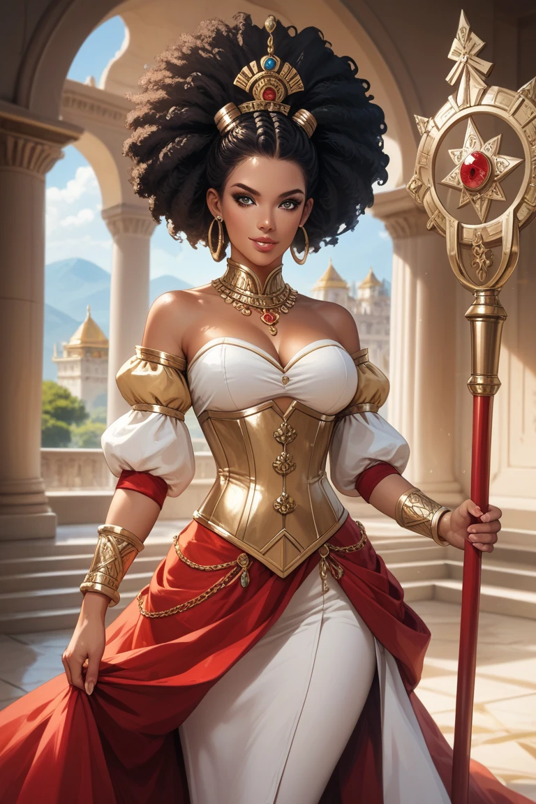 (masterpiece, best quality:1.4), (beautiful, aesthetic, perfect, delicate, intricate:1.2), (cute, adorable), (depth of field:1.2), 8k, hdr, unity, wallpaper, (1girl, solo), colorful, vivid colors, moody, mood lighting, (cinematic lighting), cinematic, (dark skin, black skin, ebony:1.2), perfect female form, perfect face, glossy pink lips, expressive eyes, eyeshadow, eyeliner, long flowing hair, natural breasts, serious look pressed lips, (black updo:1.2), (black steel armor:1.1) and robes (cape:1.2) royalty ornate (embroidery:0.5), skinny (illustration:1.1), (stone columns, castle hall, at night), (cowboy shot),