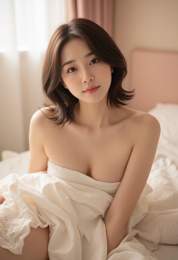(photorealistic:1.75),(NSFW:0.5),(masterpiece,Ultra HD:1.5),(A mesmerizing of an alluring Japanese girl, featuring intricate and lifelike facial details, particularly her enchanting symmetrical clear ultra beautiful eyes and exquisite lips. Front close-up of her face. Her face is ultra cute and idol-like:2.0). (She wears natural makeup. She has small breasts and a slim waist:1.5). Her expression radiates a natural and ultra youthful charm, emphasized by her long and voluptuous eyelashes.Adorning her face is a fashionable, short haircut that shimmers with a gentle sheen. She has red hair. Her flawless complexion resembles delicate porcelain, exuding an aura of graceful perfection. The symmetry and refinement of her facial structure accentuate her inherent beauty.

An illuminating big smile graces her countenance, capturing her cheerful and optimistic spirit. (Her body possesses ideal proportions, boasting an ultra-slim and graceful waistline:1.5). (Delicately slender hands and feet further highlight her elegance.She is wearing a white camisole:2.0), creating a contrast against her vibrant red hair and emphasizing her delicate features.

The portrait is rendered in a photorealistic style, capturing every detail and evoking a sense of realism. The colors used are vibrant and lifelike, breathing life into the image. Soft and warm lighting envelops the scene, casting a gentle glow on the girl's captivating features. Every detail, from the intricate highlights to the subtle shadows, has been meticulously crafted to enhance the overall realism of the portrait. The level of detail is astonishing, allowing viewers to appreciate the fine nuances and textures of the subject. The image quality is of the highest standard, ensuring a visually stunning and immersive experience. The final image is a true masterpiece, showcasing the beauty and allure of the Japanese girl in exquisite detail.