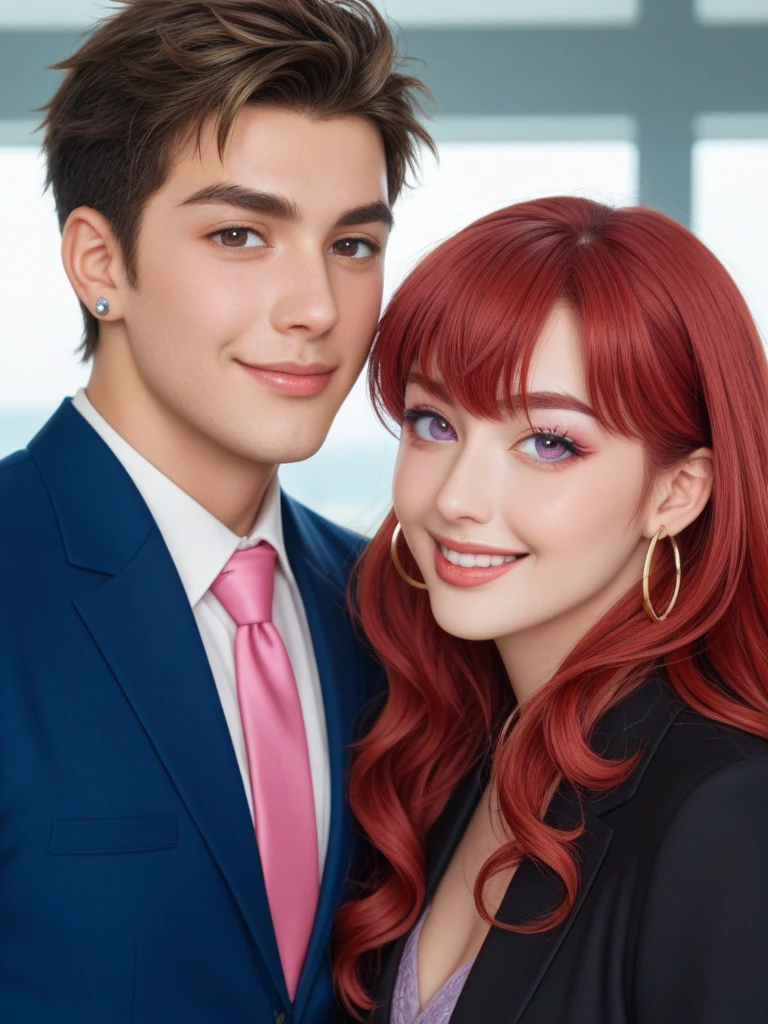 A white and red-haired girl with long wavy hair in school clothes (blazer azul escuro, gravata vermelha com listras brancas, saia cinza e camisa social branca) with a taller, older white boy with short dark hair in high school clothes (blazer azul escuro, Gray pants, camisa branca e gravata vermelha com listras brancas) the two in a friendly pose, ele olhando pra ela com um leve sorriso e ela com um sorriso aberto olhando pra frente