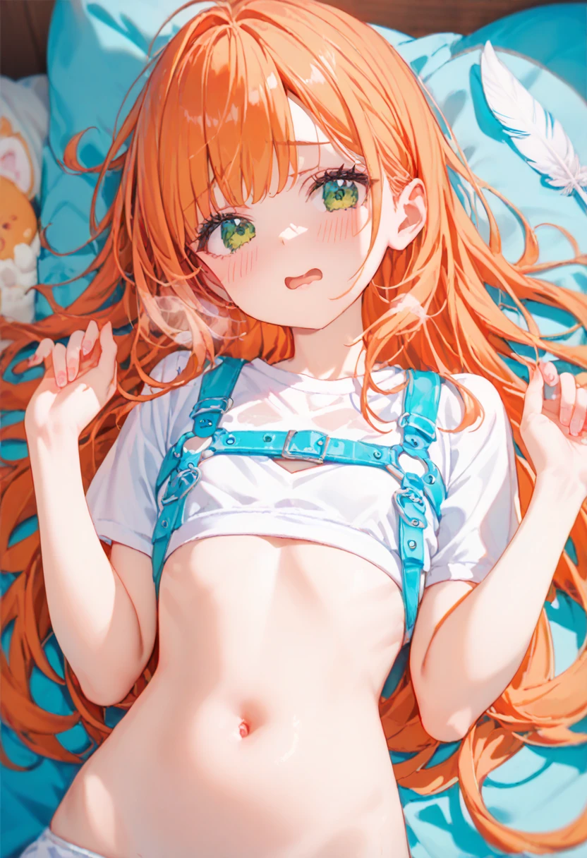 Silence Suzuka、blush,smile、Long Hair、Orange Hair、Horse Girl、Green costume、In uniform、The back is very small、Small breasts、Please show me your armpits、exterior: 、Shoulder Bare、The clavicle is visible、Sexy thighs、Beautiful feet、Usual hairstyle、最high quality, High resolution, ユニティ 8K 壁紙, (shape:0.8), (Beautiful and beautiful eyes:1.6), Highly detailed face, Perfect lighting, Extremely detailed CG, (Perfect hands, Perfect Anatomy),(最high quality,4K,8K,High resolution,masterpiece:1.2)、 (cryin) ,Cute Characters, Most detailed, high quality、(missionary, 1boy, penis, lying, vaginale, ass pov, spread legs, sex, nsfw)、nose blush、steam、Oblique angle、Shiny Hair、Very fine and beautiful bright eyes、be scared、Very detailed, clear and beautiful face,Slender body、Awards, Anatomically correct、((Scared))