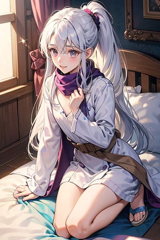 1girl, shiraori, solo,large breasts, cleavage, hair between eyes, white_hair,sitting,indoors,bedroom,light smile, ((hood_up))