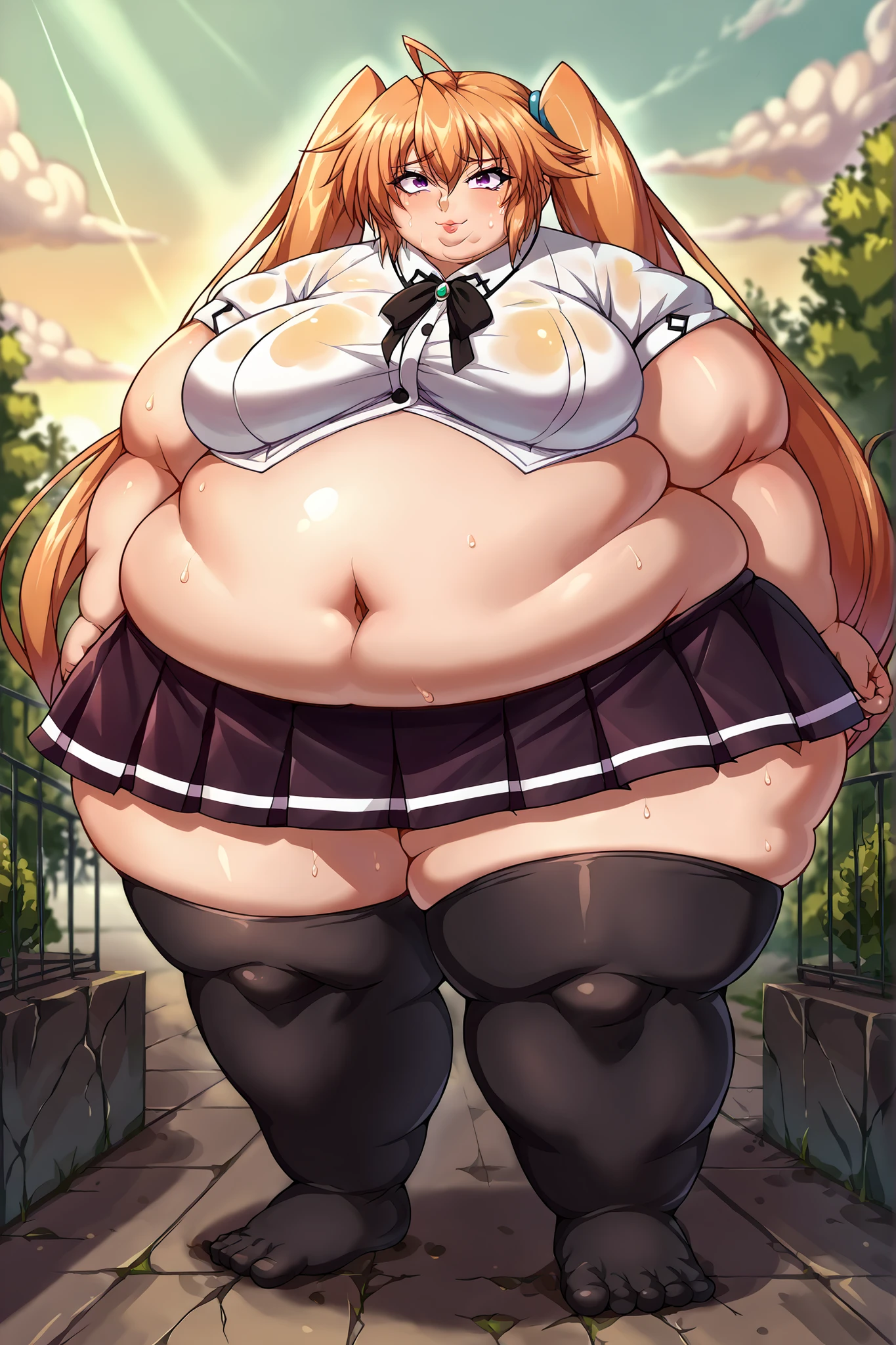 masterpiece, best quality, looking at viewer, closeup portrait, 1girl, solo, smile, rias gremory, standing, long hair, , red hair, ahoge, blue eyes, large breasts, very long hair, breasts, skirt, huge ahoge, socks, outdoors, school background, coke-bottle_glasses, standing, smile, solo, 1girl, SSBBW Rias Gremory, big cheeks, ssbbw, severely obese, 600lbs obese female, no pupils, ultra detailed, masterpiece, best quality, aesthetic, detailed, Fluffy and Fat Face, Big Butt, Big Cheeks, Obese Body, Sexy, Obese Girl, Happy, Cute Expression, Very Hot, bbwchan, nsfw art, manhwa, oppai proportions, she has a jiggly fat round belly, body swelling about to explode, thicc, with a large breasts, doujin, very thick thighs, obese arms, obese belly, big cheeks, Slob body, orgasm, erotic smile, Beautiful nipples, pussy, Sexy posture, ahegao