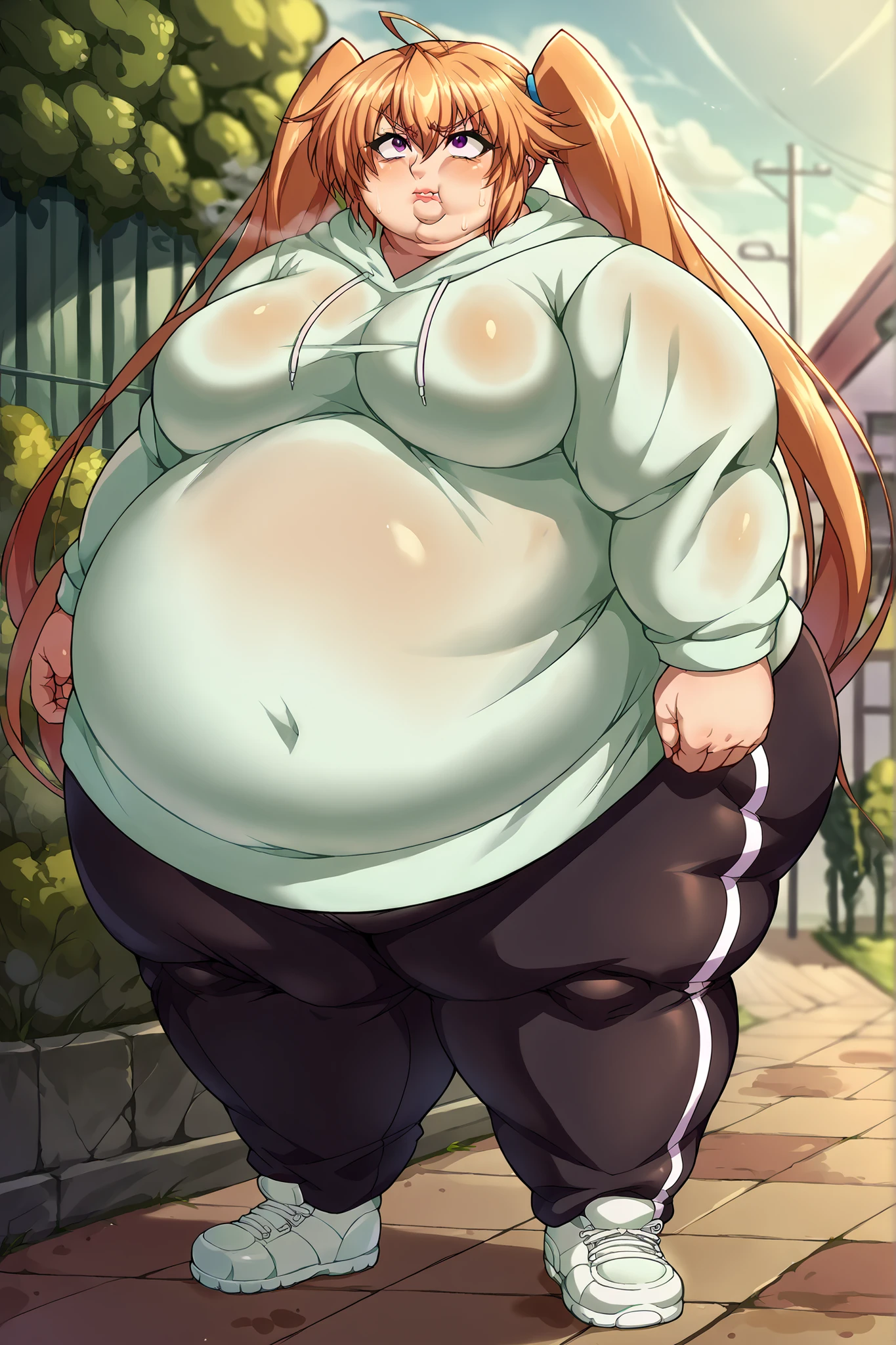 ((highres)), Masterpiece, high quality, best quality, beautiful, perfect lighting, detailed face, ultra cute face, (((1girl))), ((solo)), blush, embarrassed, orange hair, green eyes, freckles, glasses, pink blouse, panty hose, panties visible though panty hose, fast food restaurant, cleavage, large breasts, ((wide hips)), ((thick thighs)), ((plump)), chubby belly, fat folds, belly hang, standing