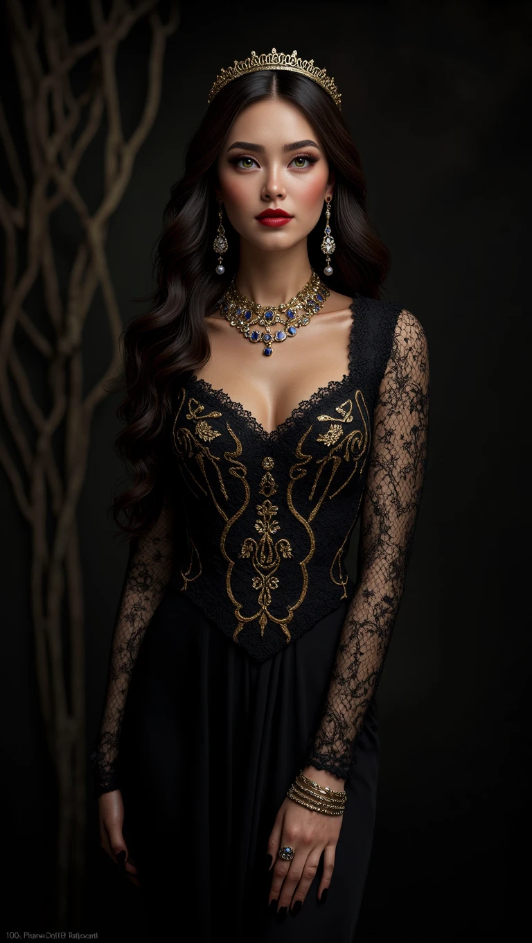 Female woman long black hair with bangs, Black leather and lace long gown with deep v-neck front and back of gown with black pearls, black lace choker and long black diamond necklace, and black leather high heels, detailed matte painting, deep color, fantastical, intricate detail, splash screen, complementary colors, fantasy concept art, 8k resolution trending on Artstation Unreal Engine 5,