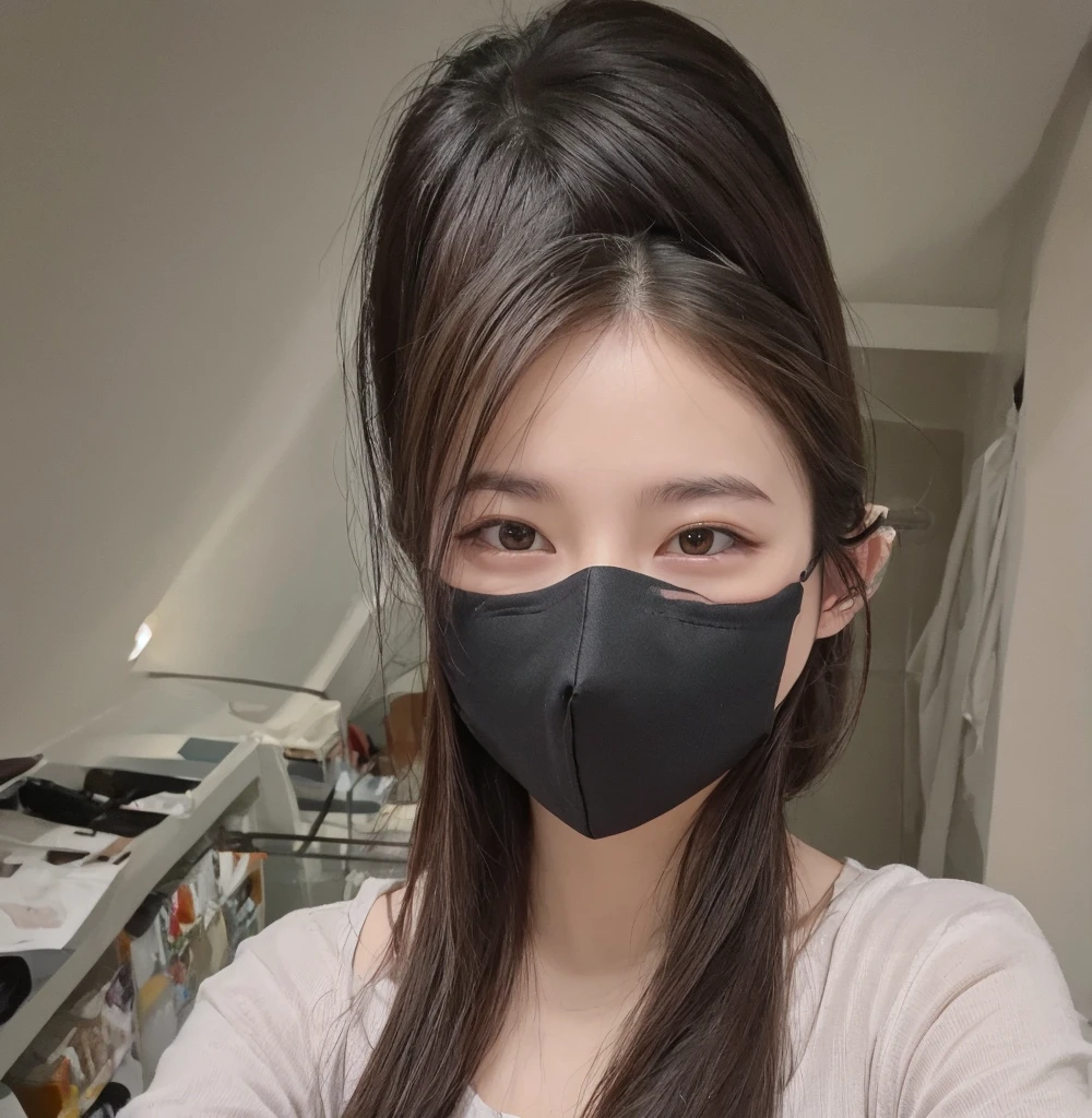 <lora:Holly:.7>, simple background, upper body, at front, portrait, <lora:GoodHands-vanilla:0.8> better_oppai, Eye Brown blouse, shirt, long hair,
A surgical mask covers the lower half of the face, securely fitting over the nose and mouth. The mask's material is thin and breathable, with ear loops that gently secure it in place. The eyes above the mask convey a sense of alertness and caution.