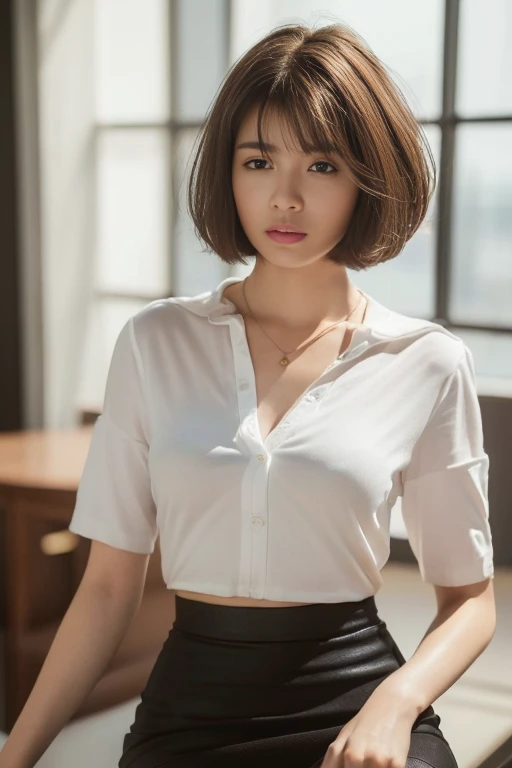 (8k, RAW photo, best quality, masterpiece:1.2), (realistic, photo-realistic:1.37), ultra-detailed,
1 girl,cute, solo,beautiful detailed sky,detailed cafe,night,sitting,dating,(nose blush),(smile:1.1),(closed mouth),large breasts, seductive smile, large aparture, professional lighting, Sony A7R4, Zessie 50mm F1.8,
medium breasts,beautiful detailed eyes,(collared shirt:1.1), bowtie,pleated skirt,(short hair:1.2),floating hair